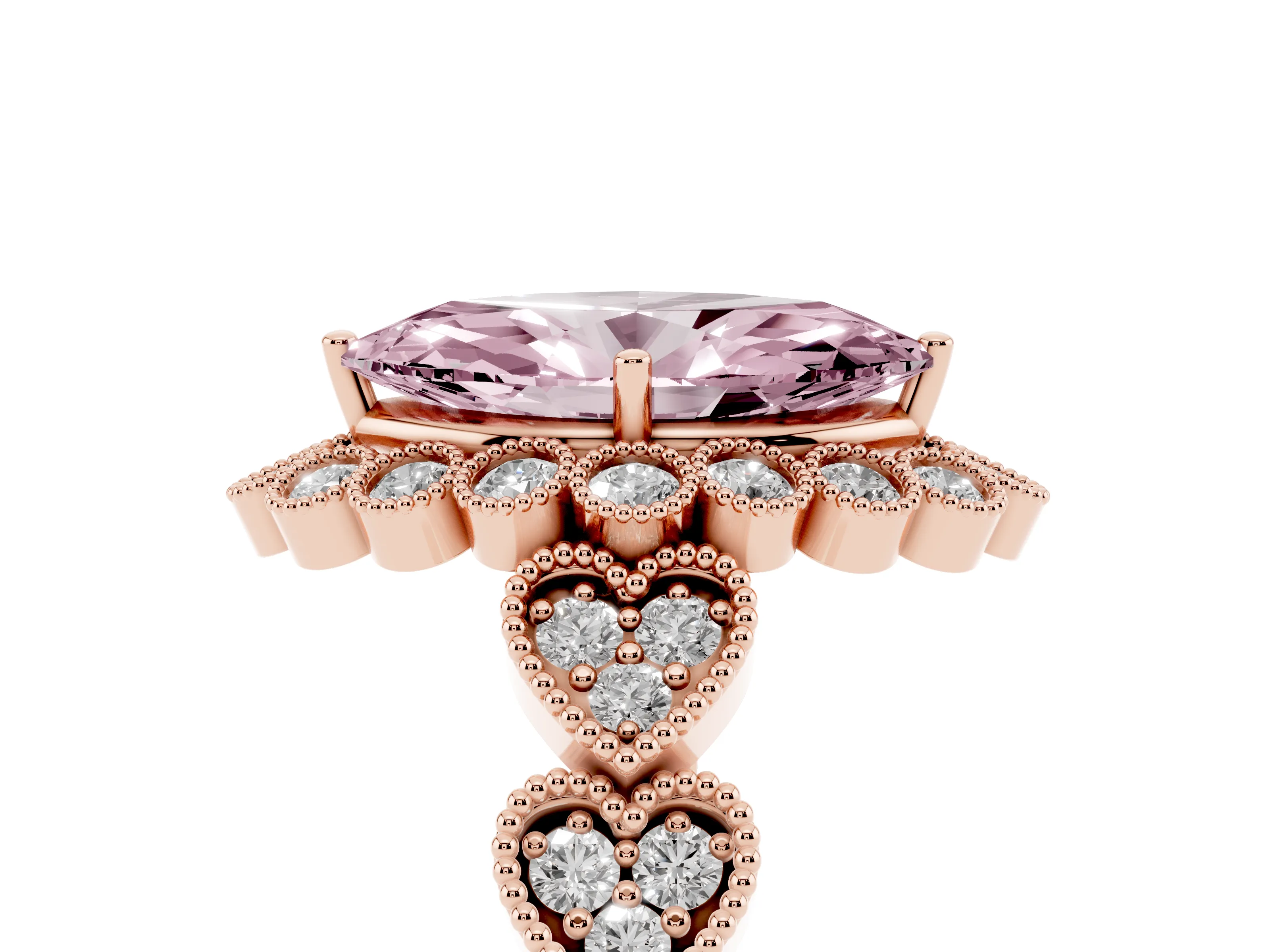 Fancy Pink Marquise Cut Diamond Solitaire Ring Set in Rose gold with Milgrain Pavé Heart Band