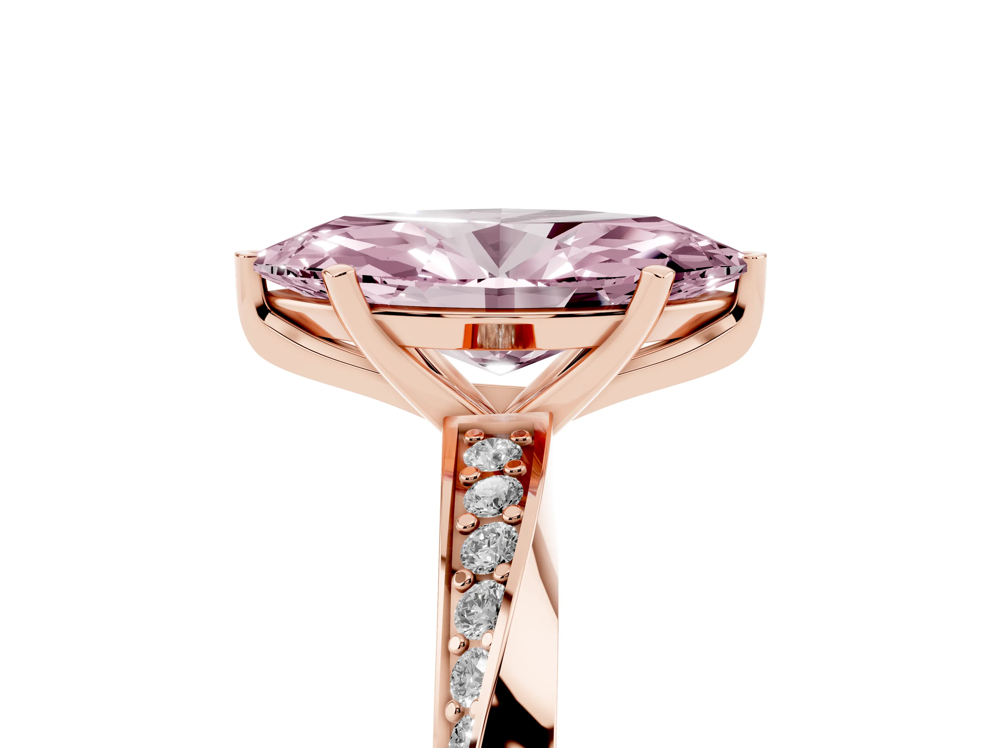 Fancy Pink Marquise Cut Diamond Engagement Ring Set in Rose gold with Side Stone Accents and Prong Setting