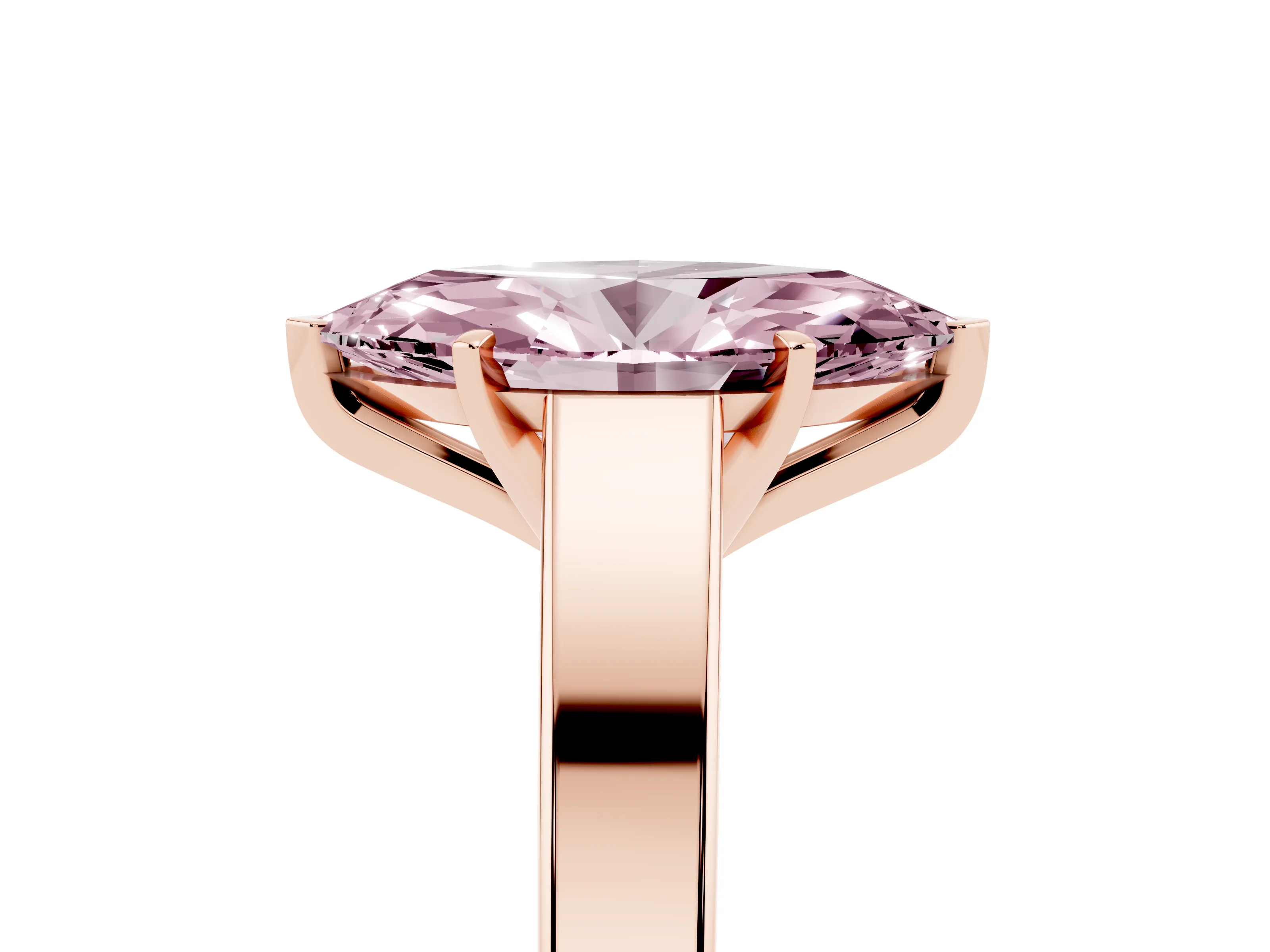 Fancy Pink Marquise Cut Diamond Solitaire Engagement Ring Set in Rose gold with Prong Setting and Tapered Band