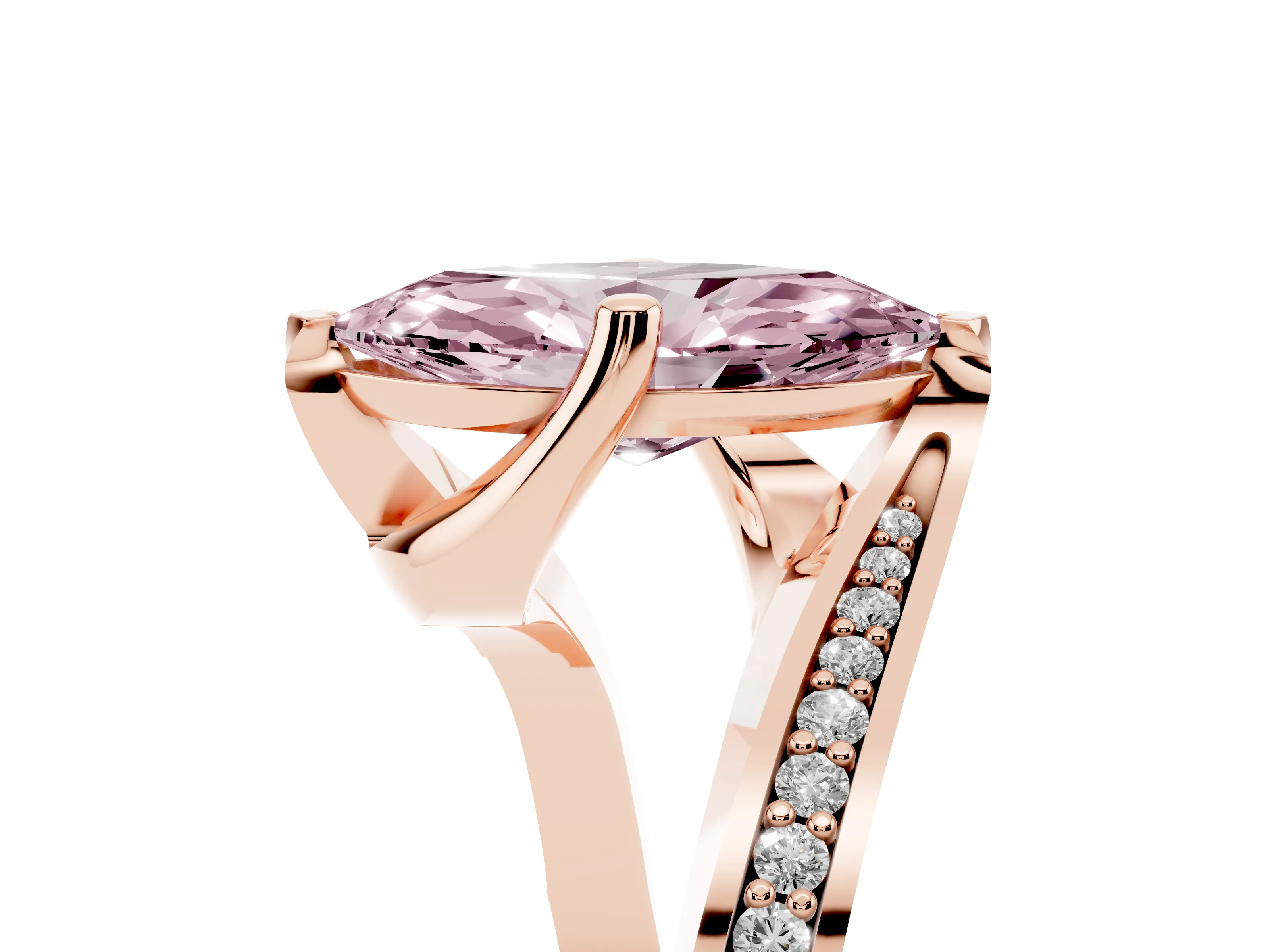 Fancy Pink Marquise Cut Diamond Solitaire Ring Set in Rose gold with Intertwined Pavé Twist Band