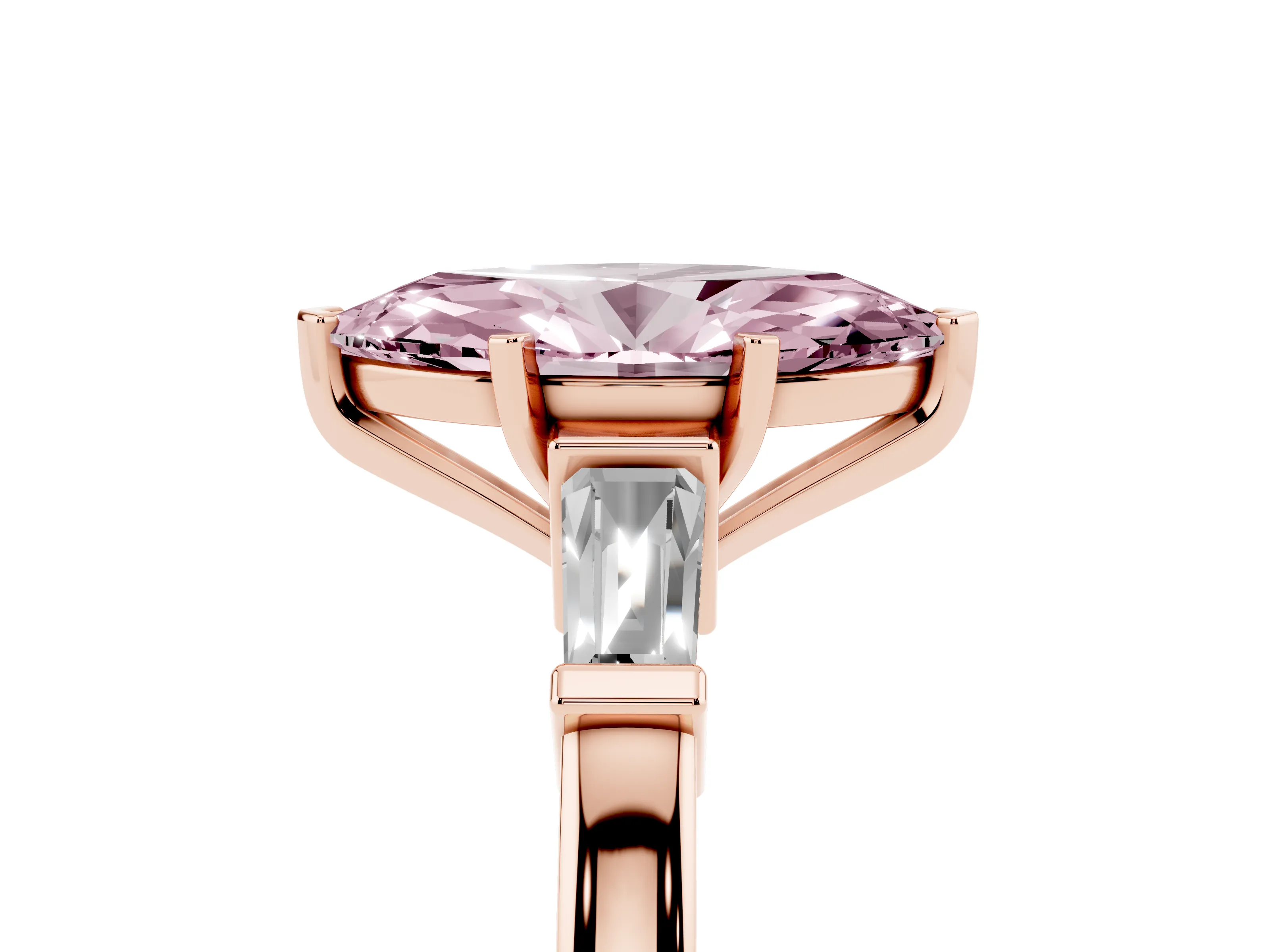 Fancy Pink Marquise Cut Diamond Solitaire Ring Set in Rose gold with Tapered Baguette Accents and Prong Setting
