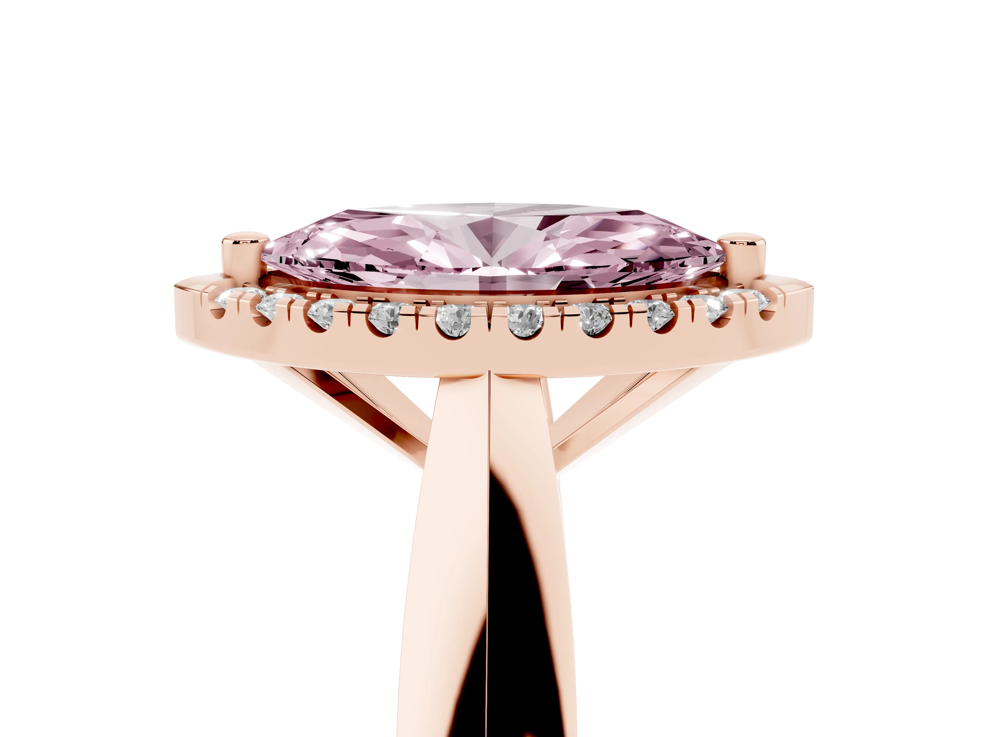 Fancy Pink Marquise Cut Diamond Halo Solitaire Engagement Ring Set in Rose gold with Square Band and Prong Setting