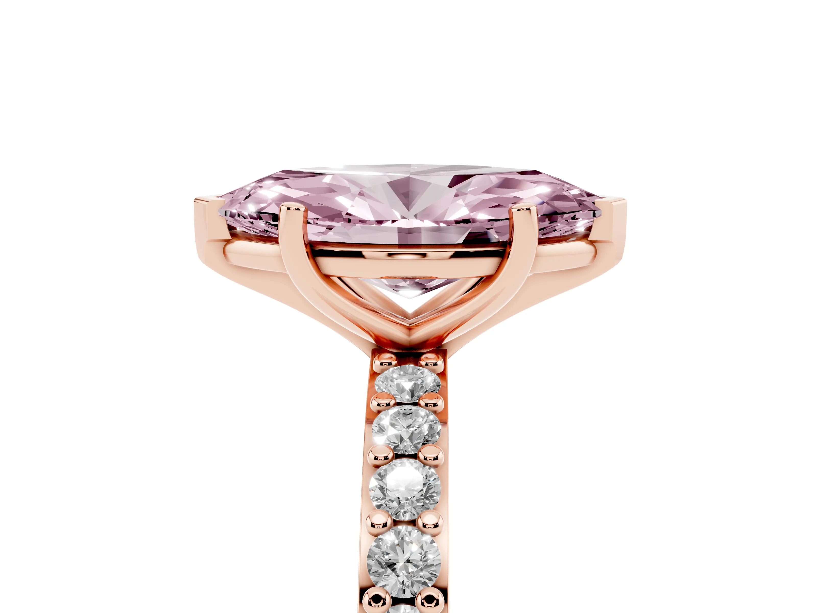 Fancy Pink Marquise Cut Diamond Solitaire Set in Rose gold with Round Pavé Band and Prong Setting