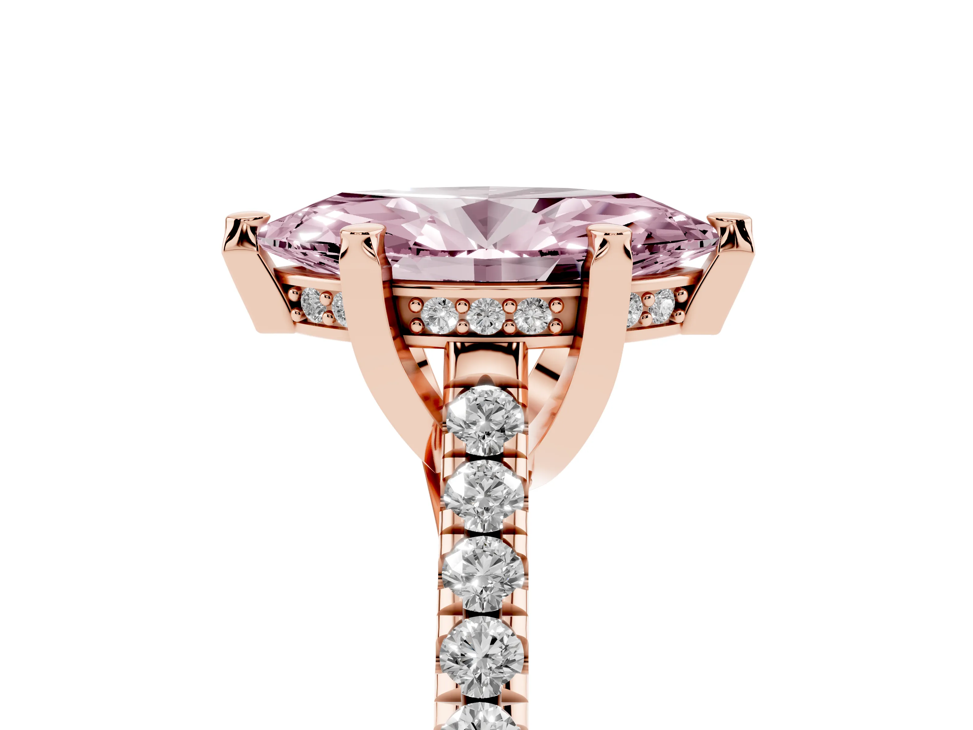 Fancy Pink Marquise Cut Diamond Solitaire Ring Set in Rose gold with Brilliant Pavé Band and Prong Setting