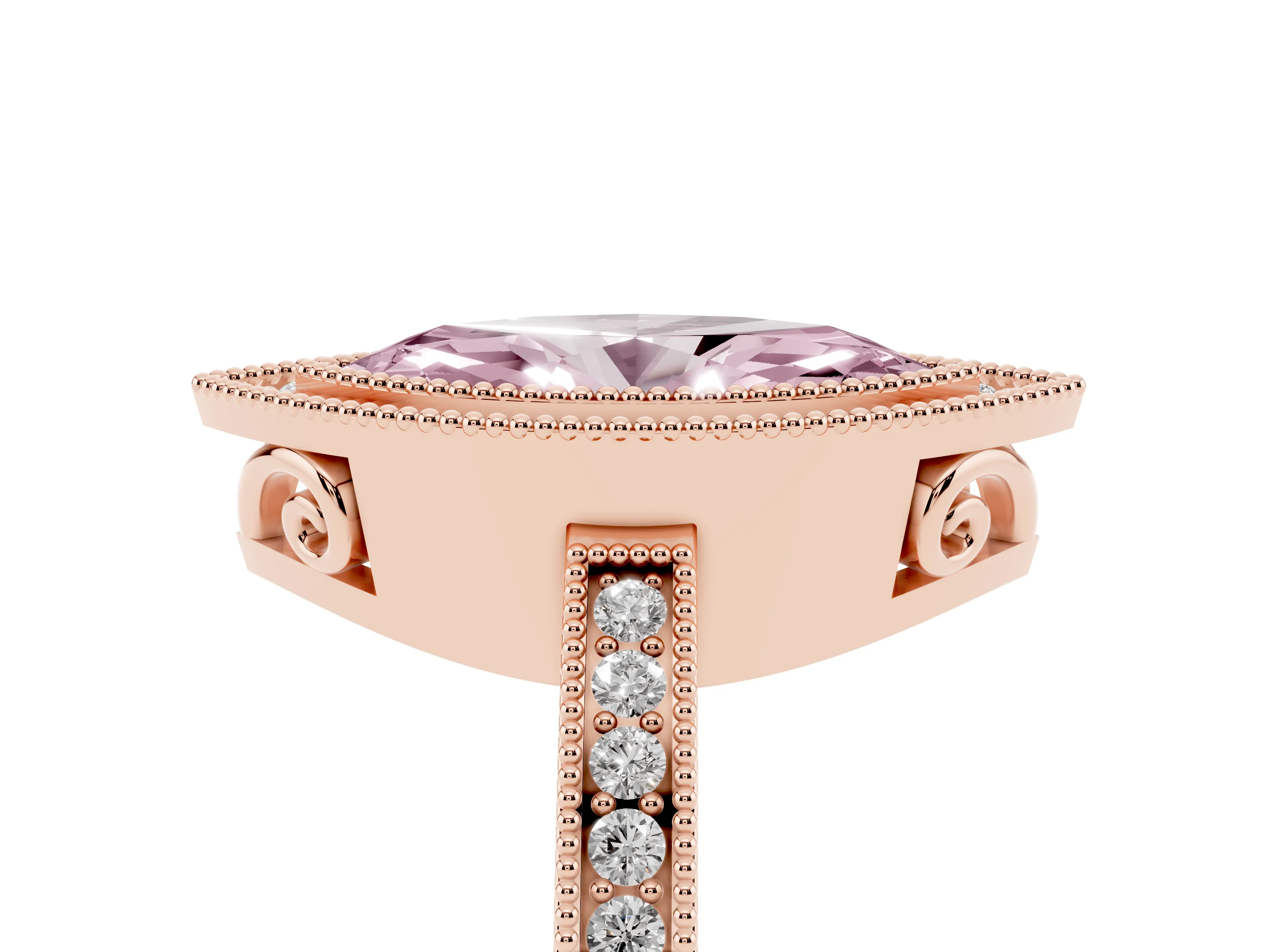 Fancy Pink Marquise Cut Diamond Halo Ring Set in Rose gold with Pavé Band and Milgrain-Edged Prongs