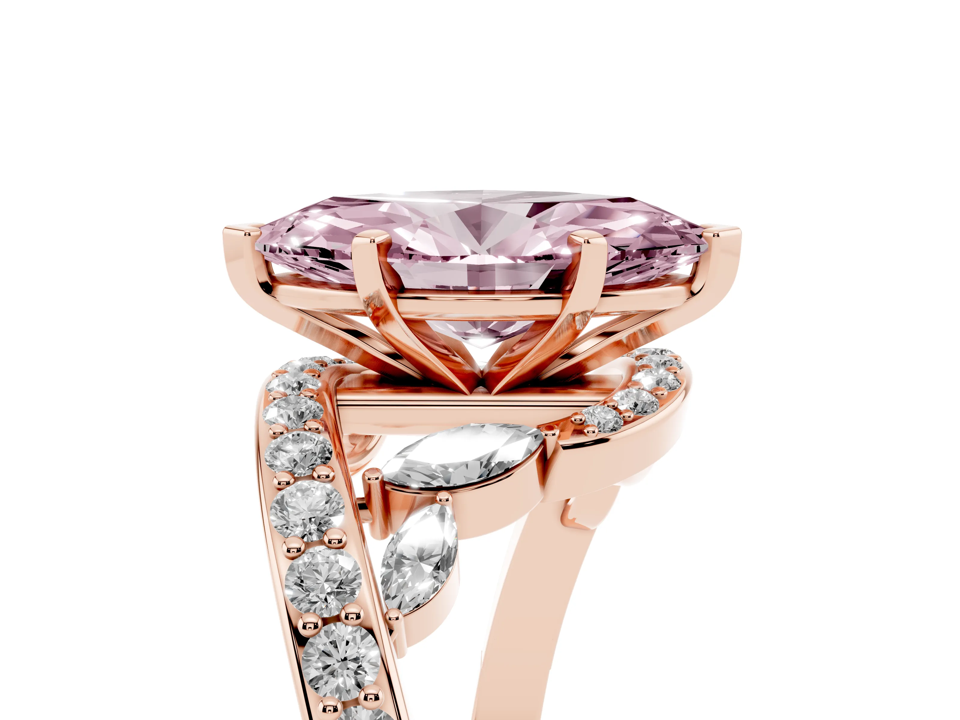 Fancy Pink Marquise Cut Diamond Solitaire Ring Set in Rose gold with Pavé Twist Band and Secure Prong Setting
