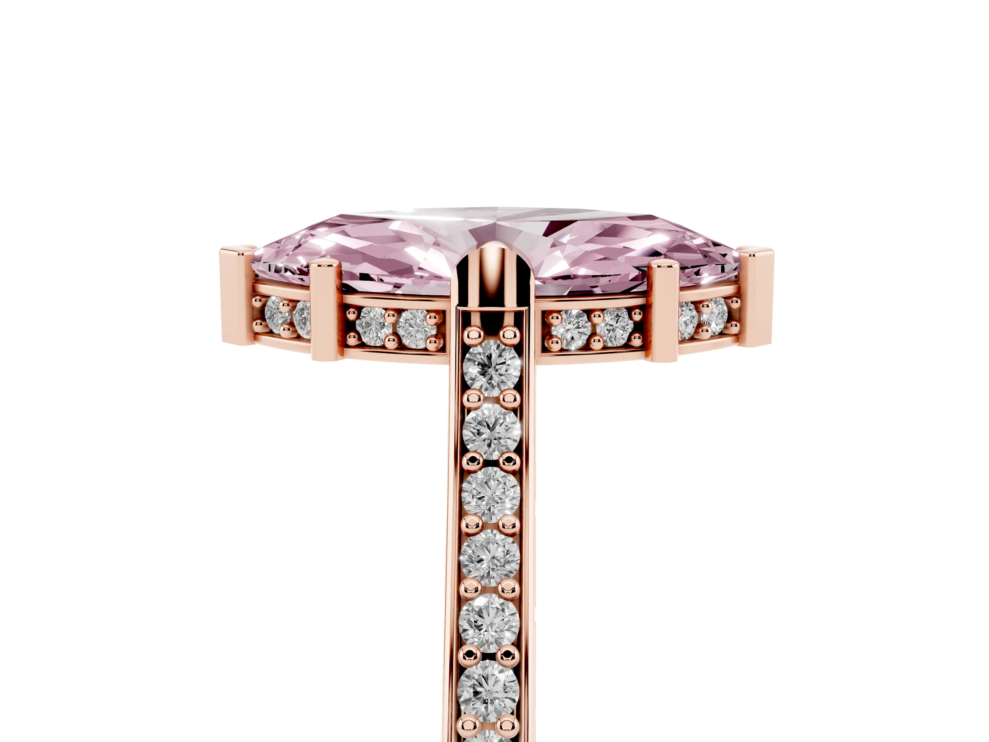 Fancy Pink Marquise Cut Diamond Solitaire Ring Set in Rose gold with Channel Set Band and Bezel Prong Setting