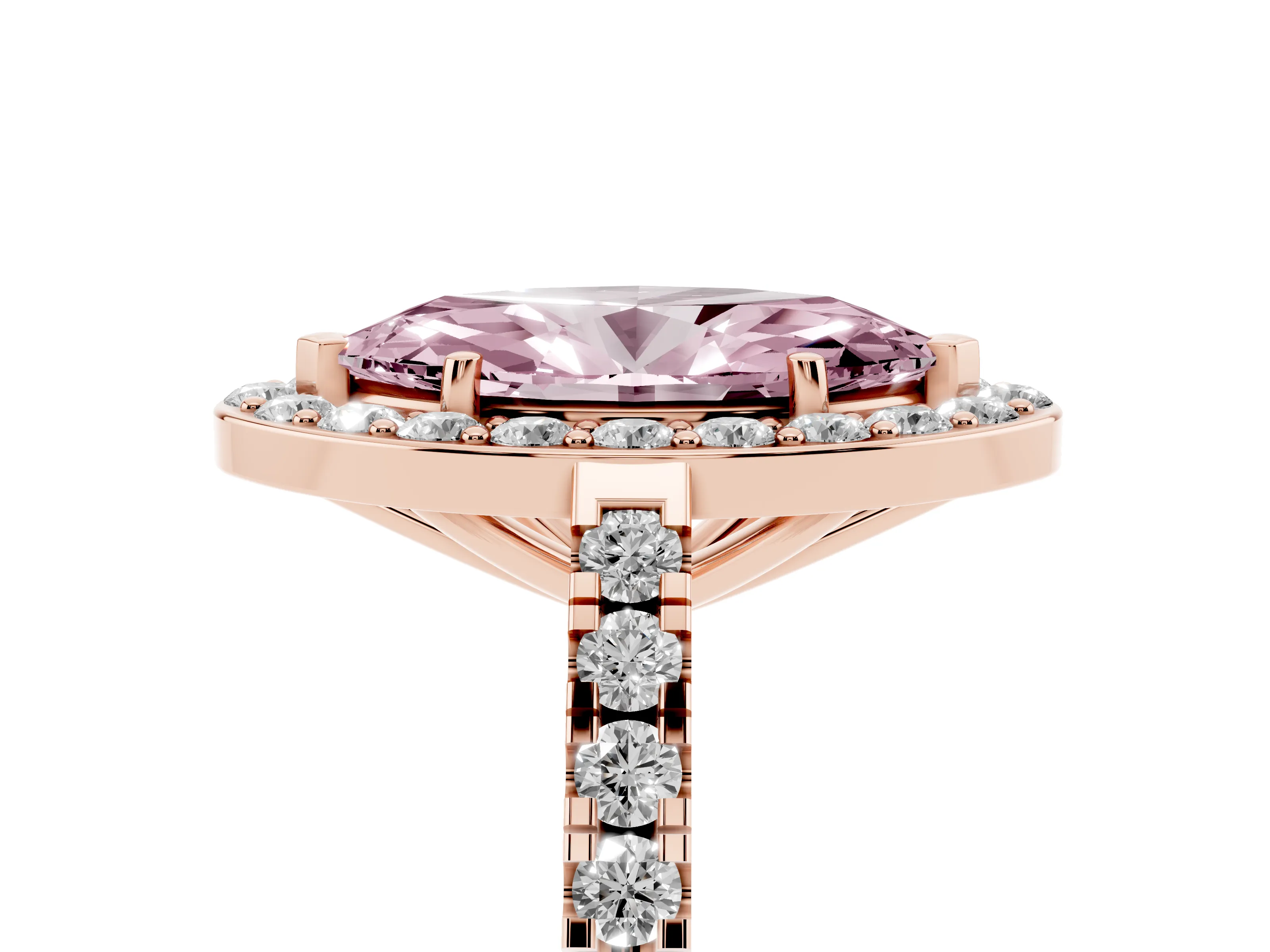Fancy Pink Marquise Cut Diamond Halo Ring Set in Rose gold with Round Pavé Split Shank and Prong Setting