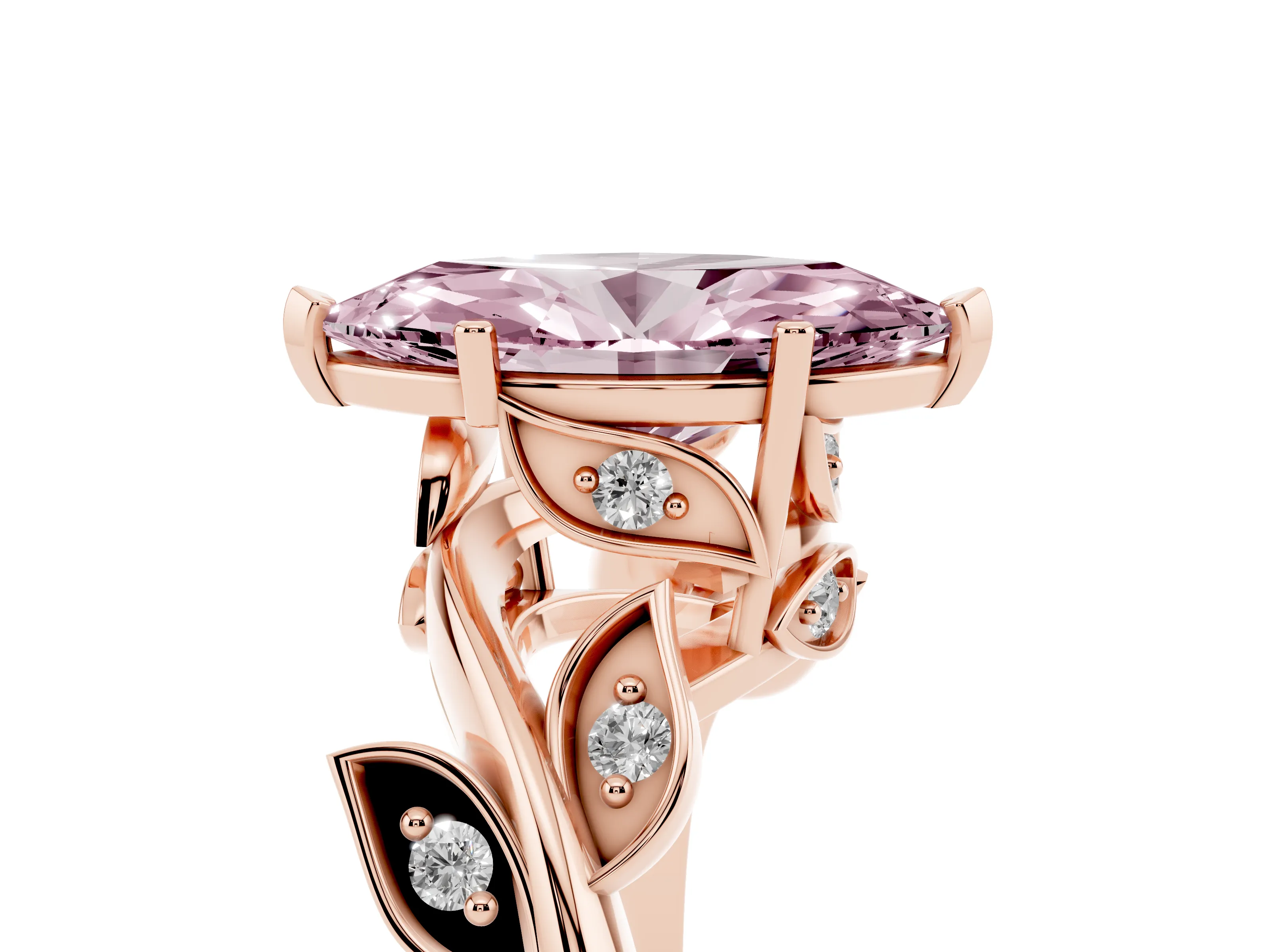 Fancy Pink Marquise Cut Diamond Solitaire Twist Engagement Ring Set in Rose gold with Pavé Leaf Accents