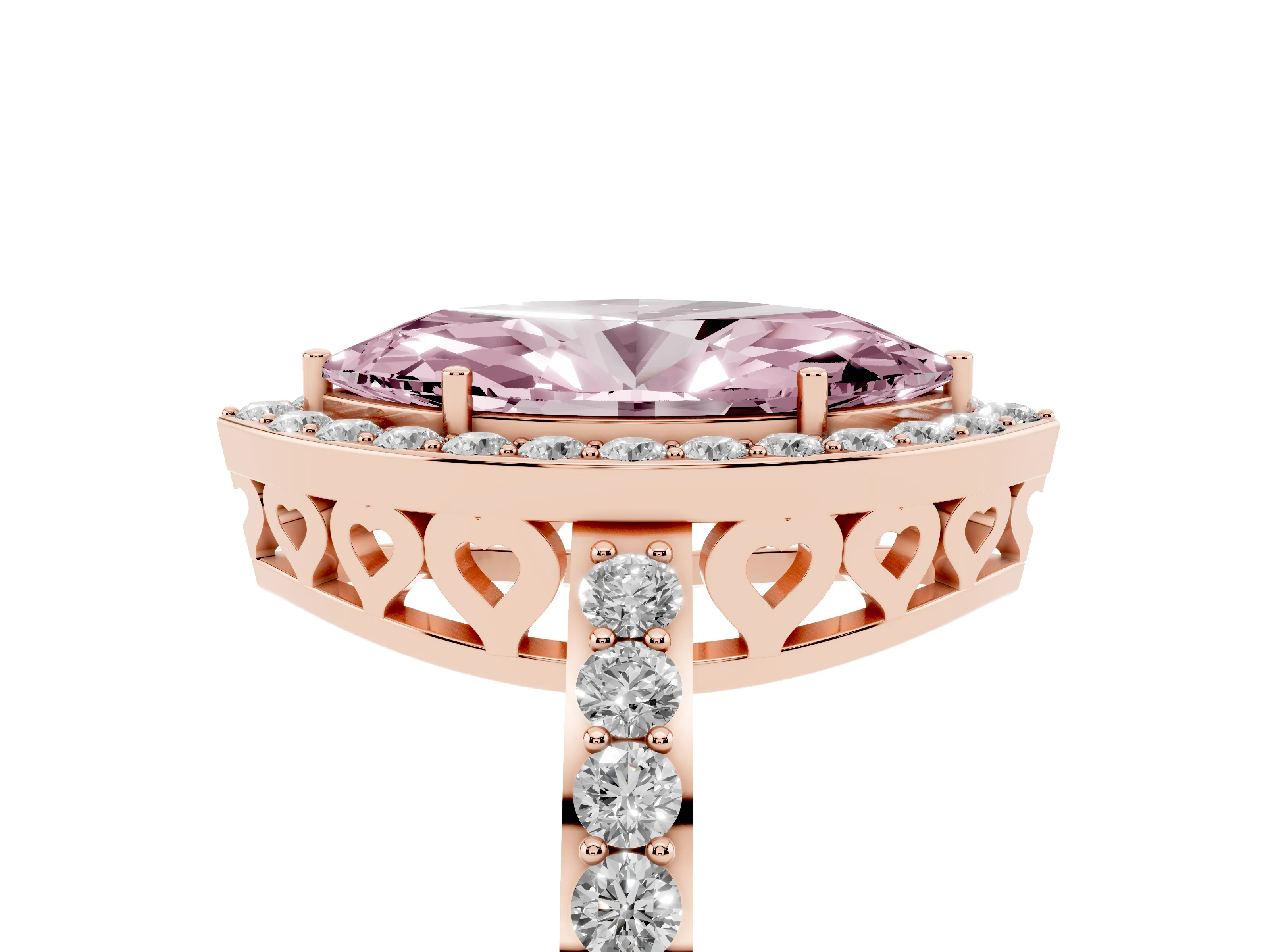 Fancy Pink Marquise Cut Diamond Halo Ring Set in Rose gold with Pavé-Setting Band and Open Prong Center
