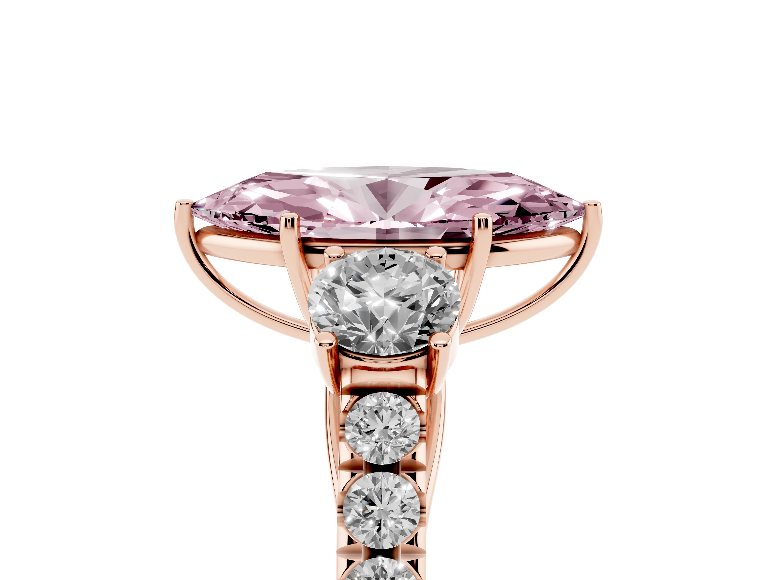 Fancy Pink Marquise Cut Diamond Three-Stone Ring Set in Rose gold with Round Side Stones and Delicate Pavé Band