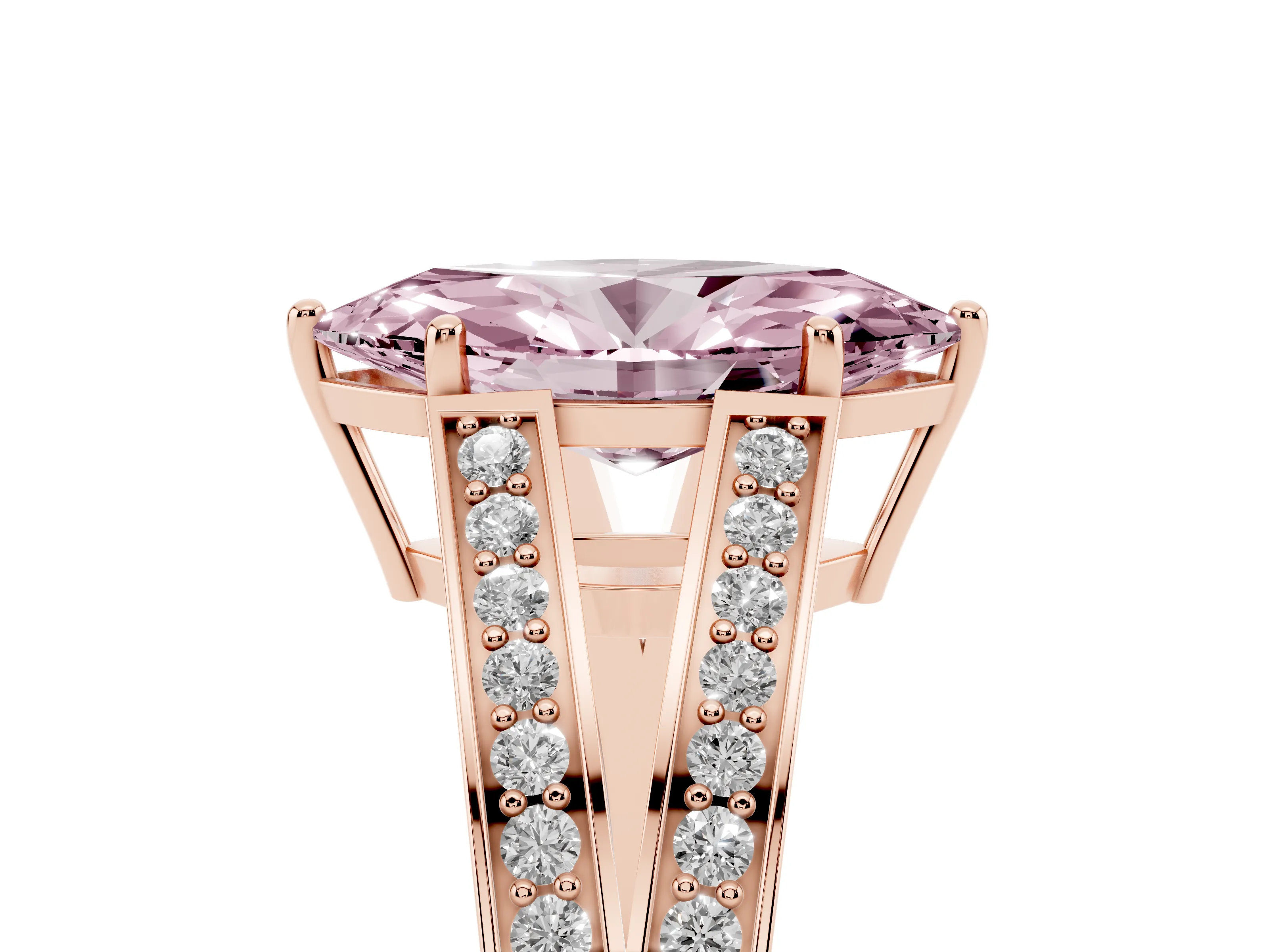 Fancy Pink Marquise Cut Diamond Split Shank Ring Set in Rose gold with Pavé Band and Prong Setting