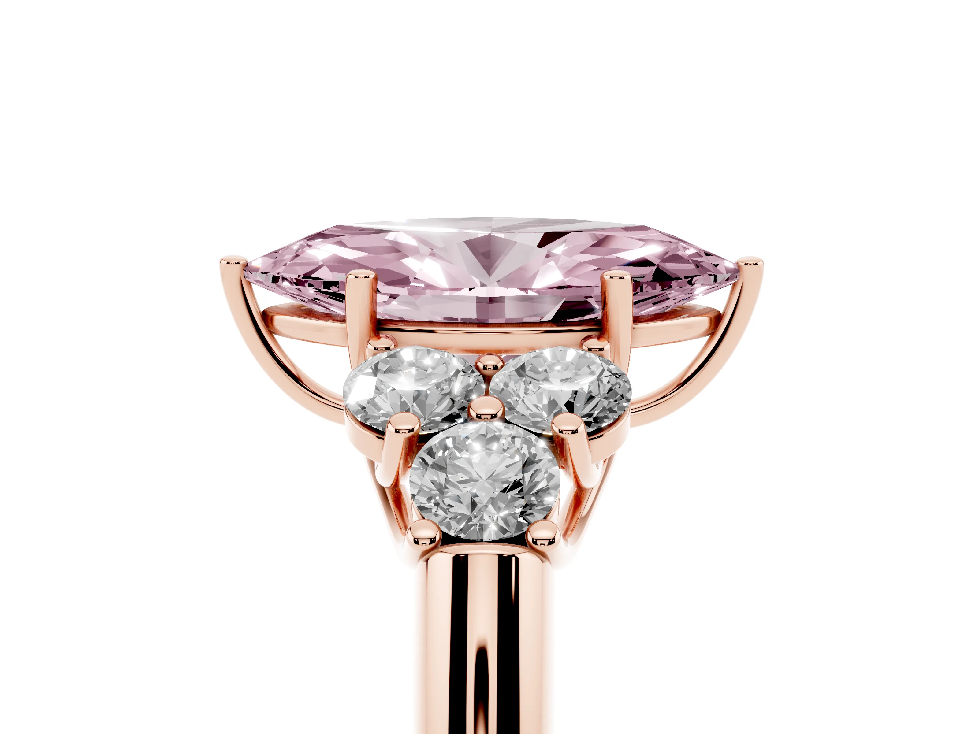 Fancy Pink Marquise Cut Diamond Cluster Ring Set in Rose gold with Round Accent Stones and Prong Setting on a Plain Band