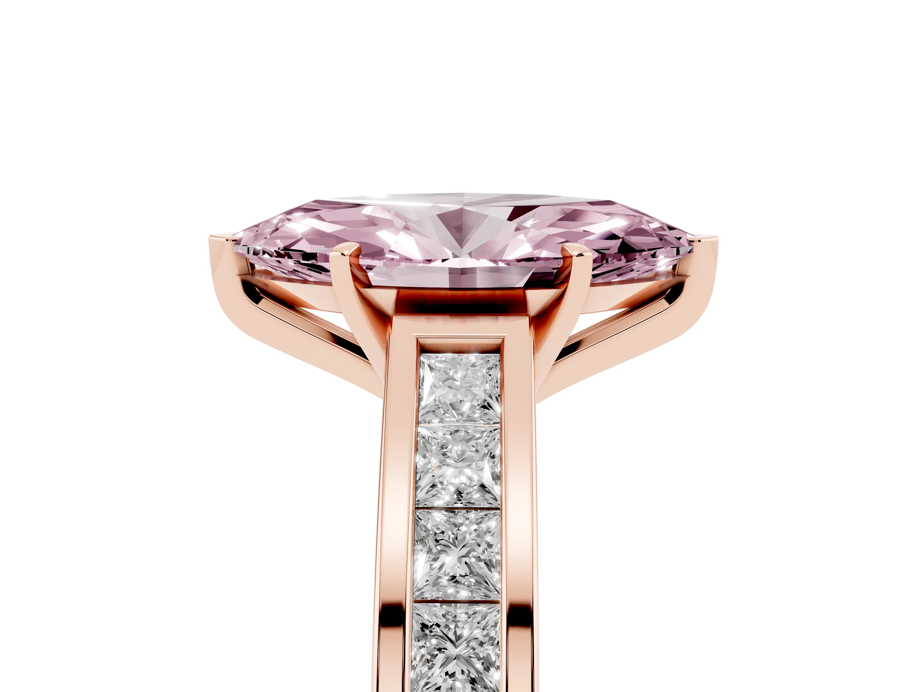 Fancy Pink Marquise Cut Diamond Solitaire Ring Set in Rose gold with Channel-Set Band and Prong Setting