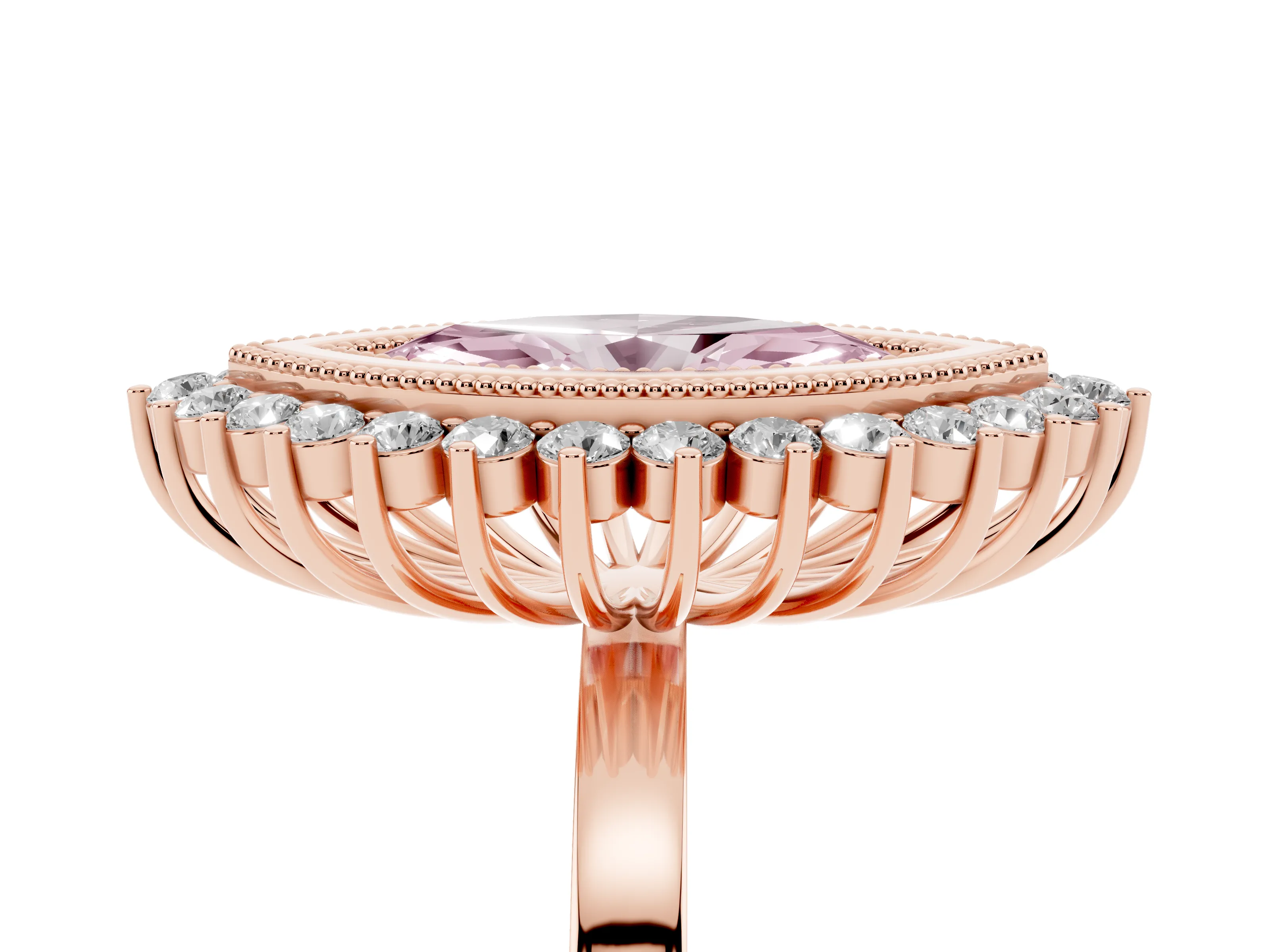 Fancy Pink Marquise Cut Diamond Halo Ring Set in Rose gold with Milgrain Edge and Round Prong Setting