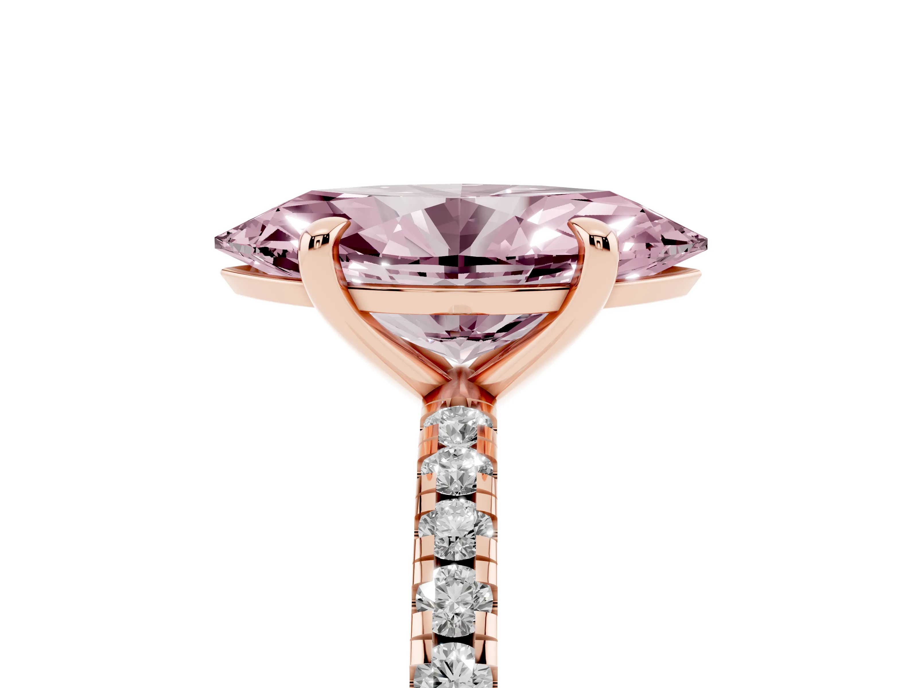 Fancy Pink Marquise Cut Diamond Brilliant Solitaire Ring Set in Rose gold with Pavé Band and Prong Setting