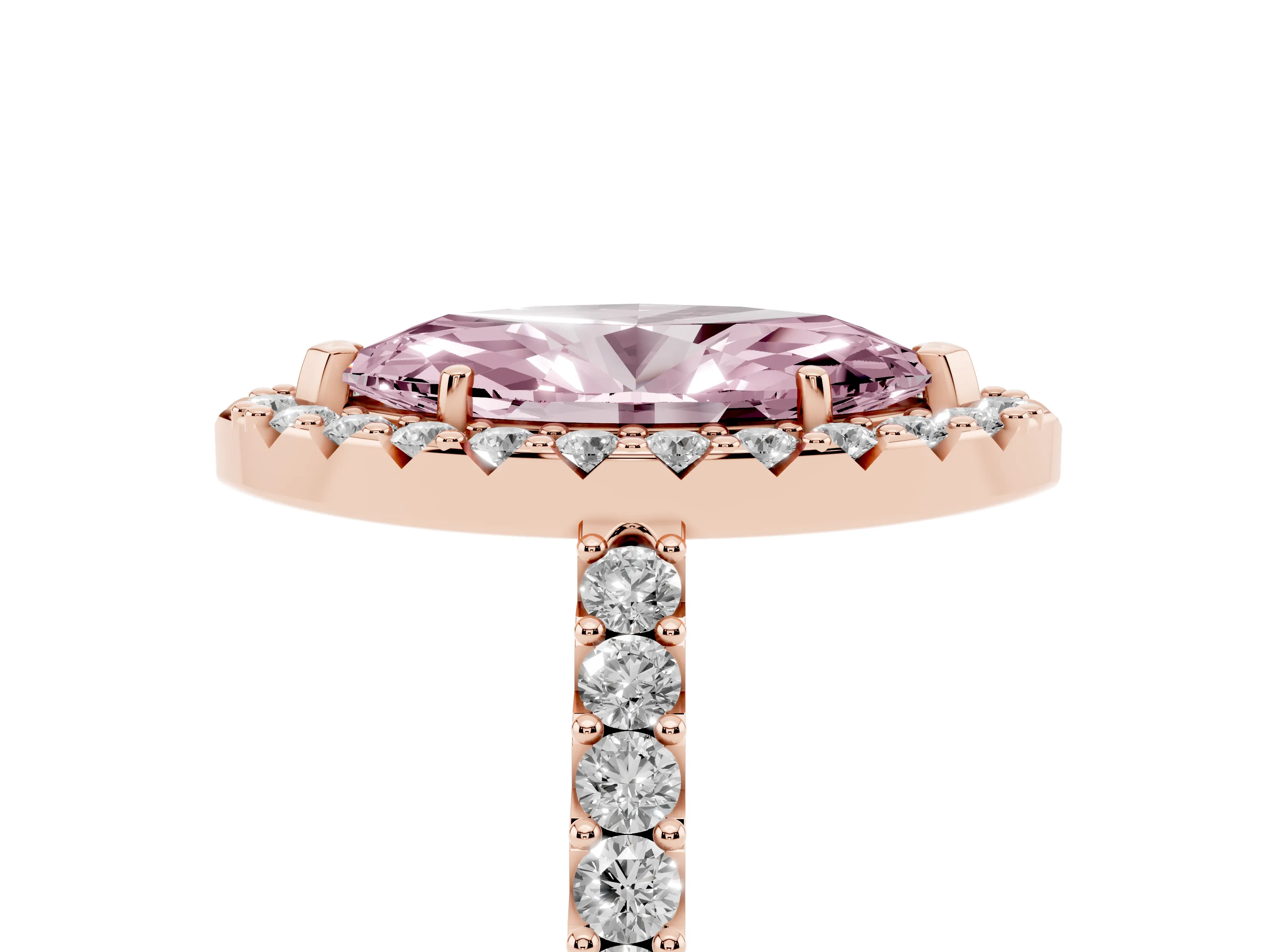 Fancy Pink Marquise Cut Diamond Halo Pavé Solitaire Ring Set in Rose gold with Prong-Set Center Stone