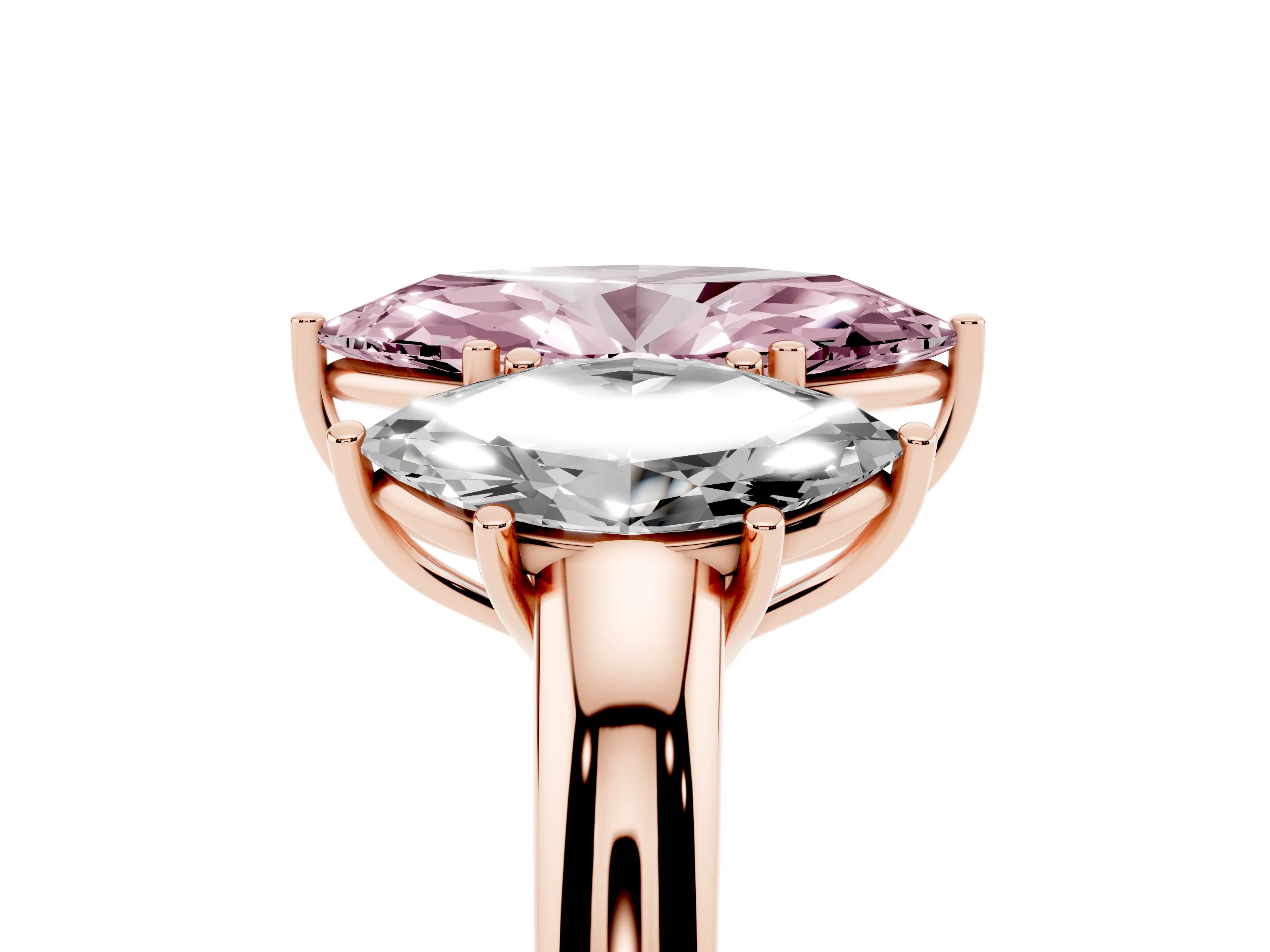Fancy Pink Marquise Cut Diamond Three-Stone Ring Set in Rose gold with Bold Center and Classic Band