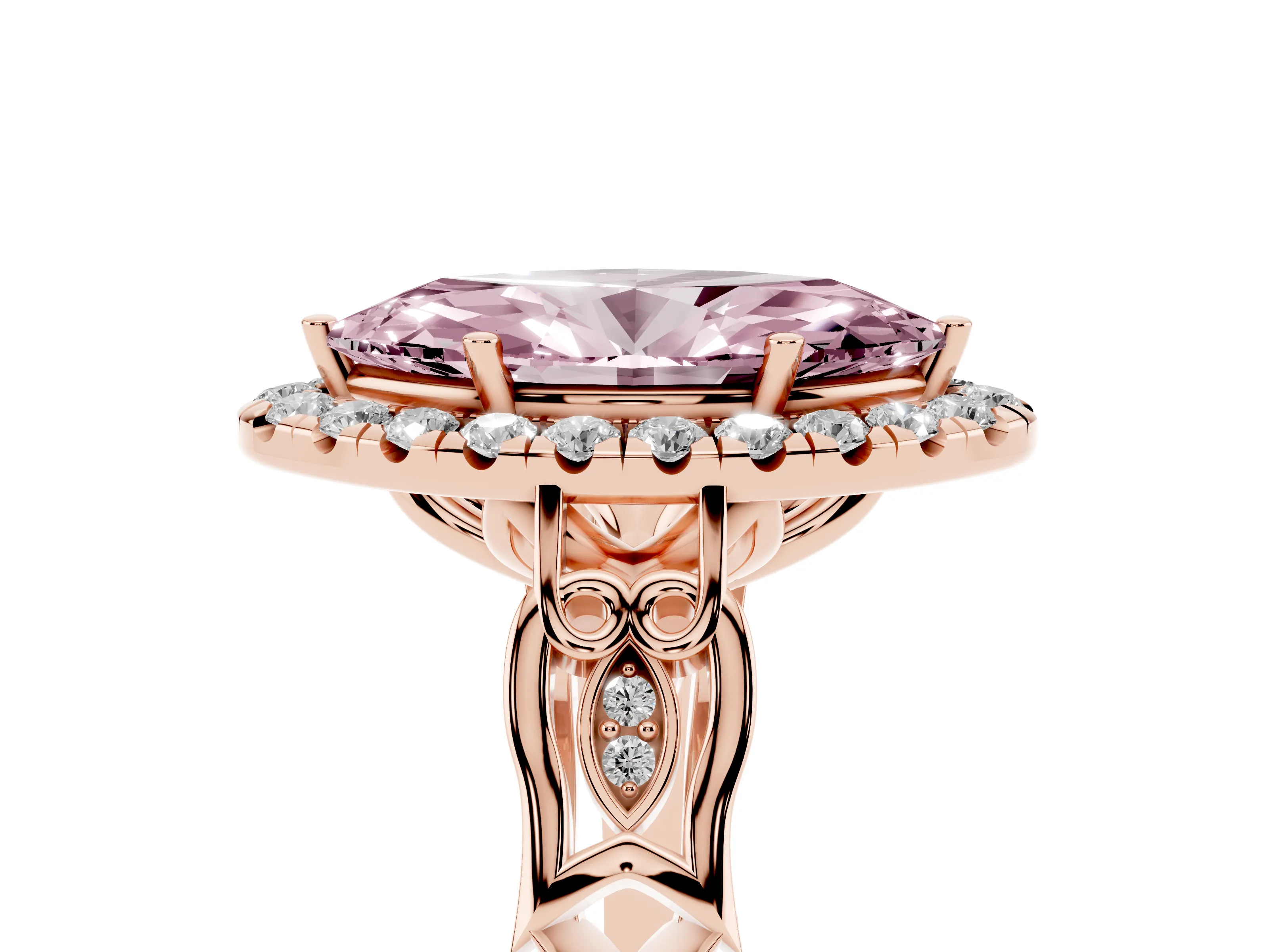 Fancy Pink Marquise Cut Diamond Halo Engagement Ring Set in Rose gold with Filigree Band and Prong-Set Center