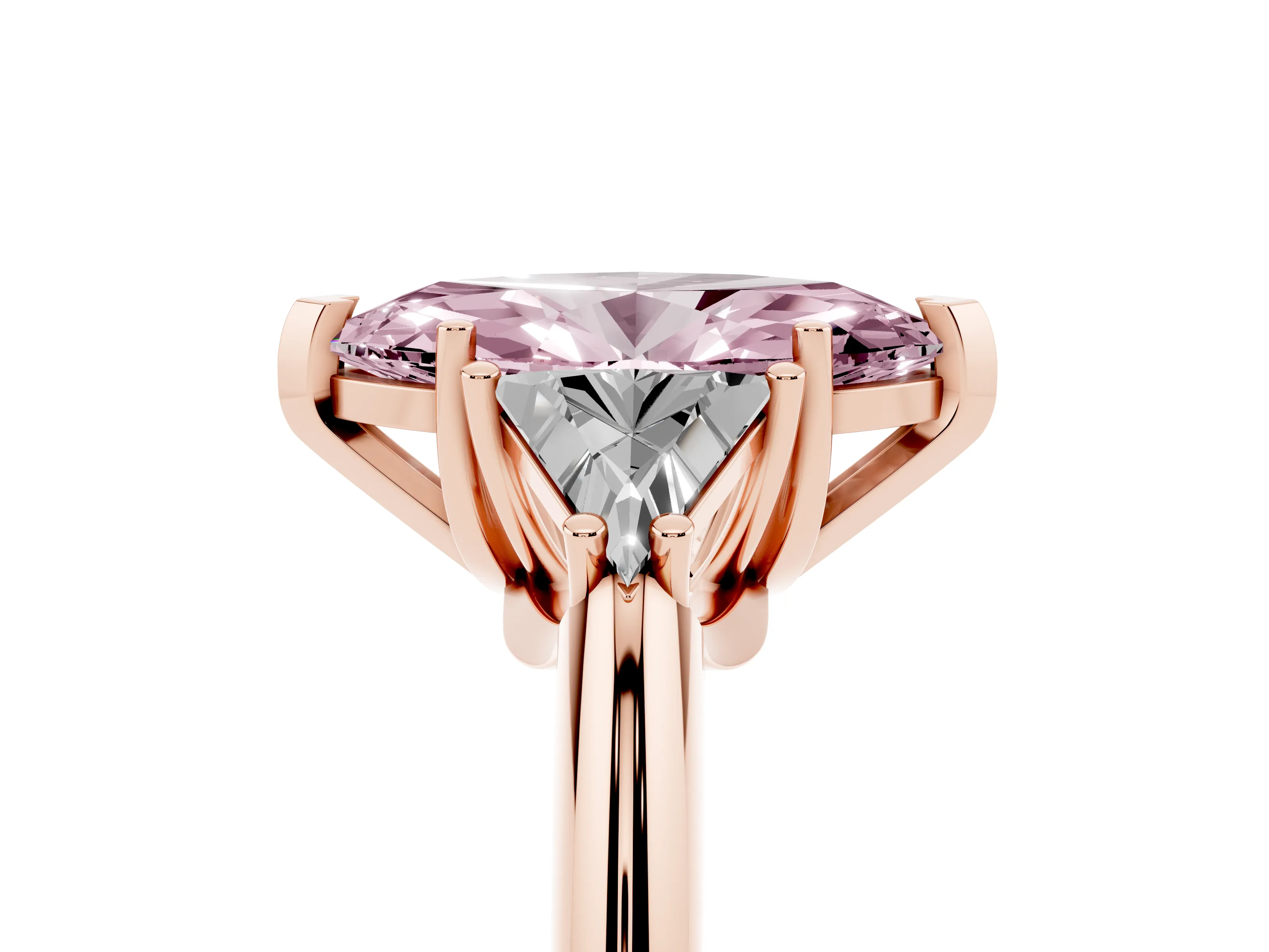 Fancy Pink Marquise Cut Diamond Three-Stone Engagement Ring Set in Rose gold with Trillion Side Stones