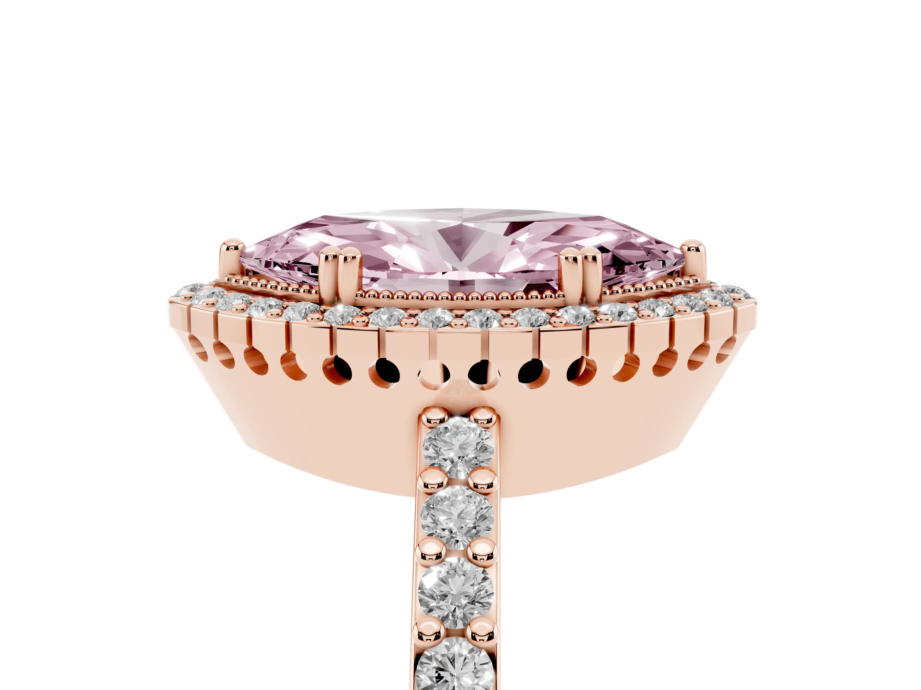 Fancy Pink Marquise Cut Diamond Halo Engagement Ring Set in Rose gold with Milgrain Detail and Pavé Band