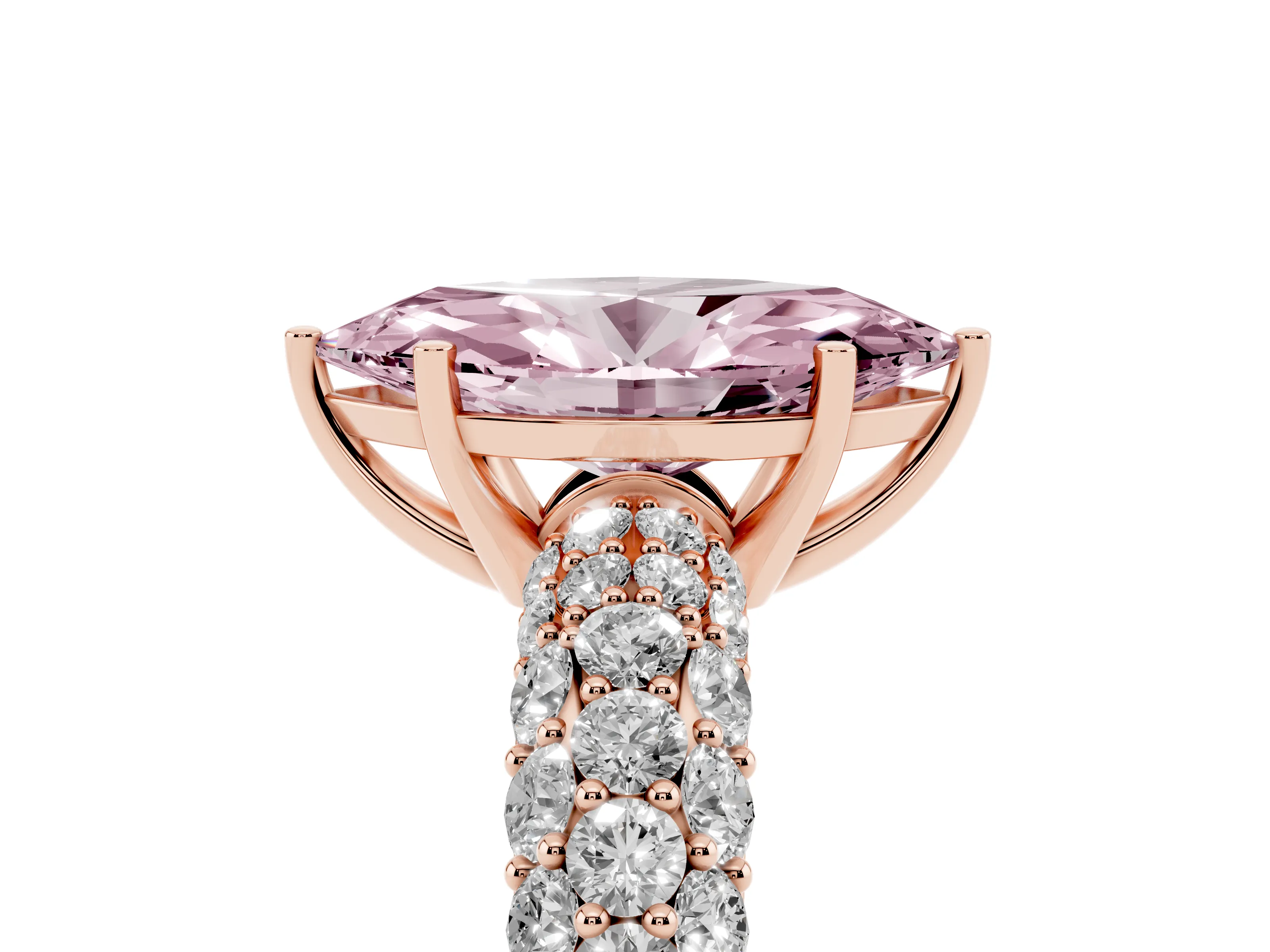 Fancy Pink Marquise Cut Diamond Pavé Band Solitaire Ring Set in Rose gold with Close-Set Accent Stones and Prong Setting