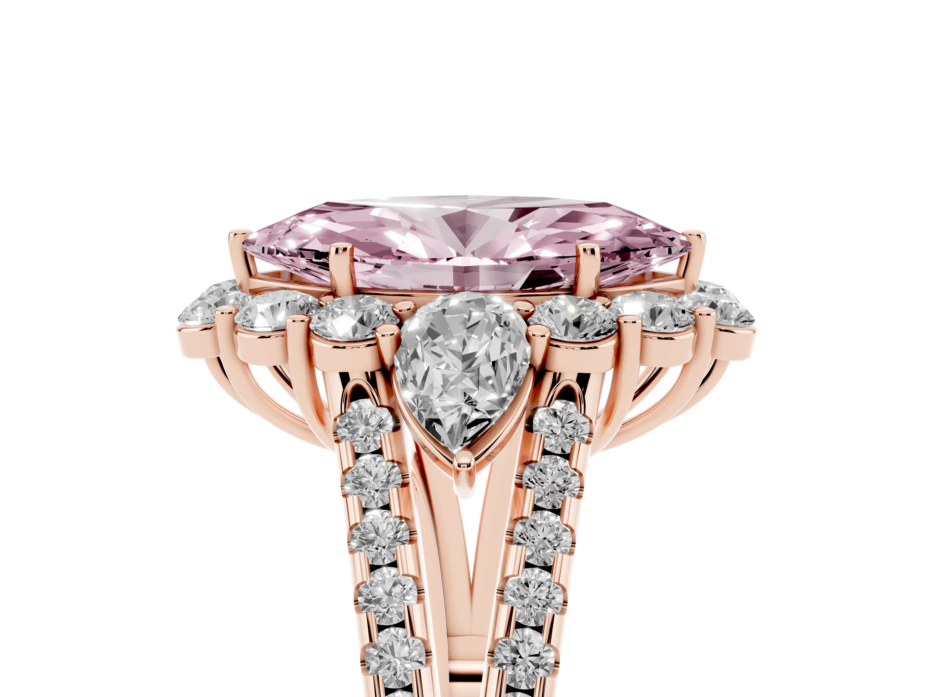 Fancy Pink Marquise Cut Diamond Halo Split Shank Engagement Ring Set in Rose gold with Prong-Held Center Stone