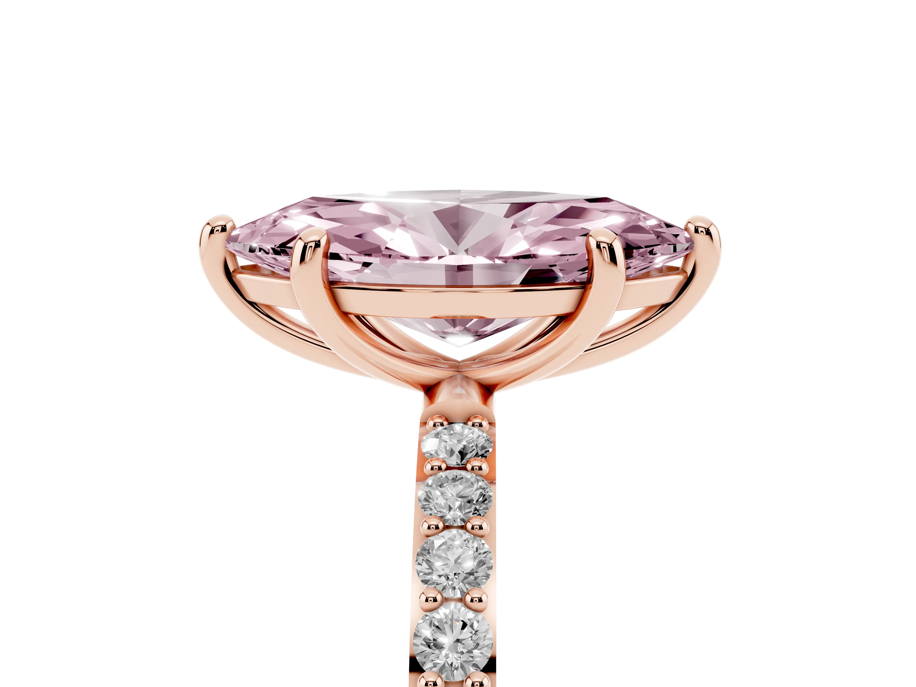 Fancy Pink Marquise Cut Diamond Solitaire Ring Set in Rose gold with Round Pavé Band and Prong Setting