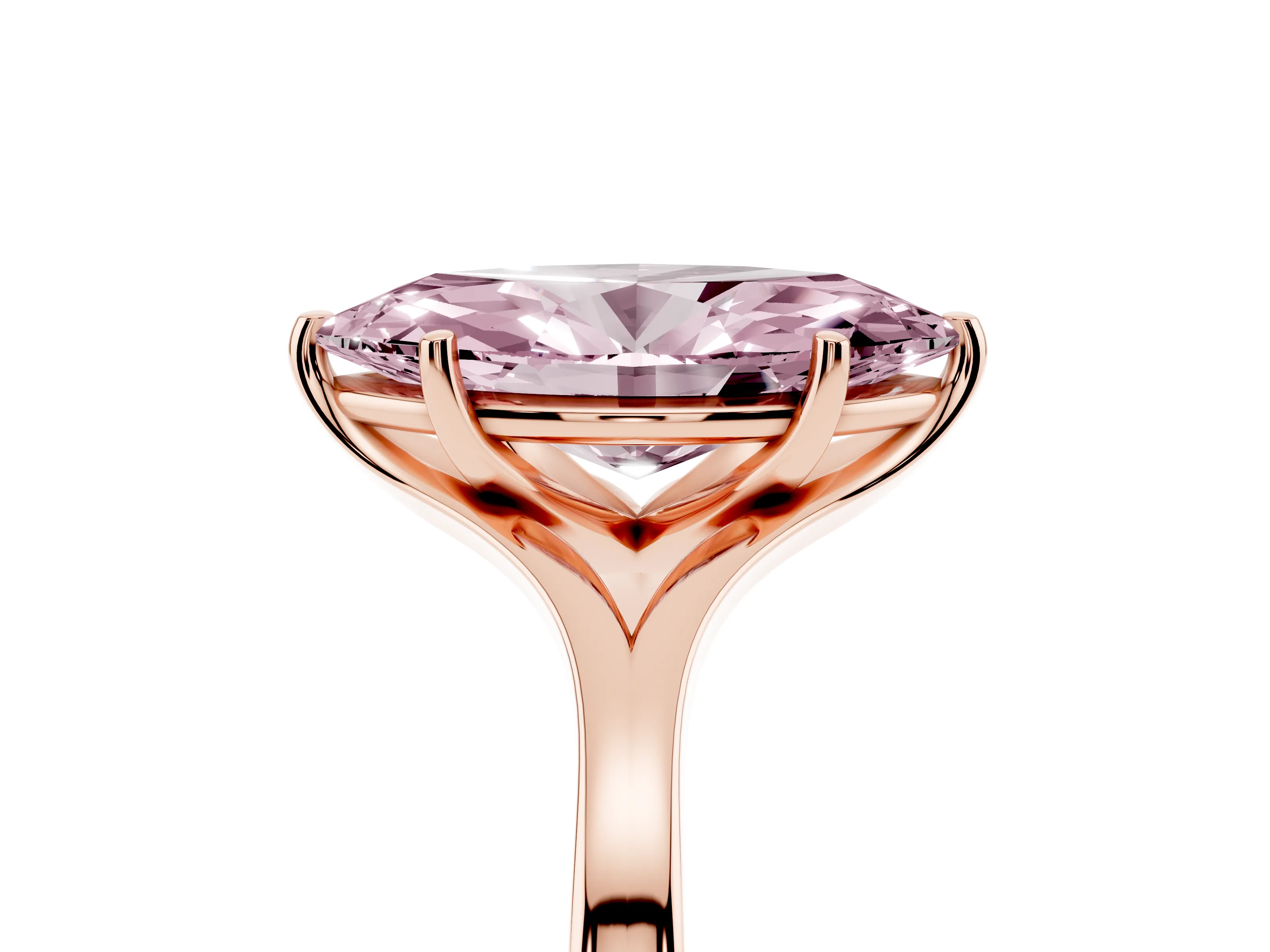 Fancy Pink Marquise Cut Diamond Solitaire Ring Set in Rose gold with Polished Tapered Band and Prong Setting