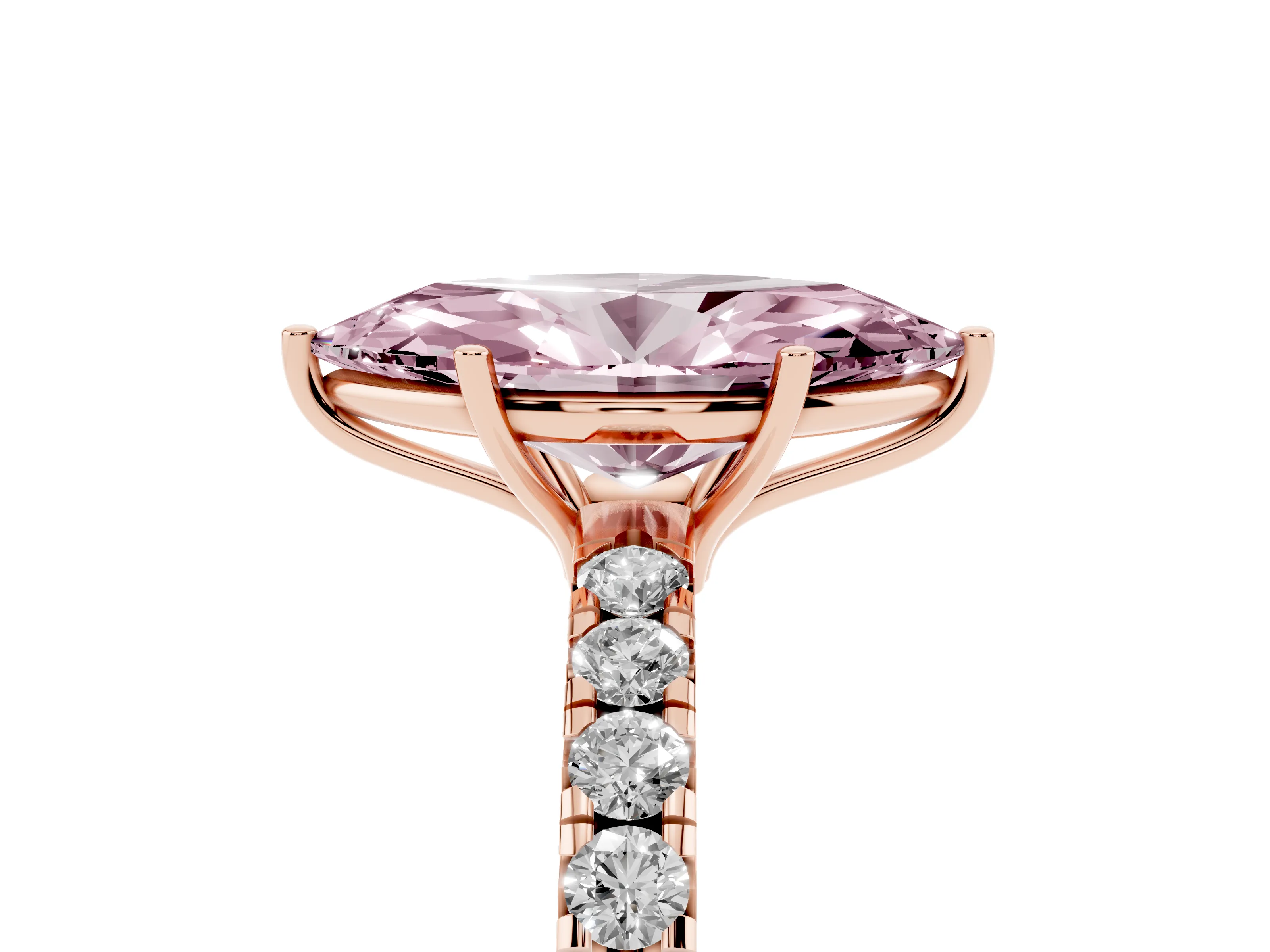 Fancy Pink Marquise Cut Diamond Pavé Solitaire Engagement Ring Set in Rose gold with Prong Setting