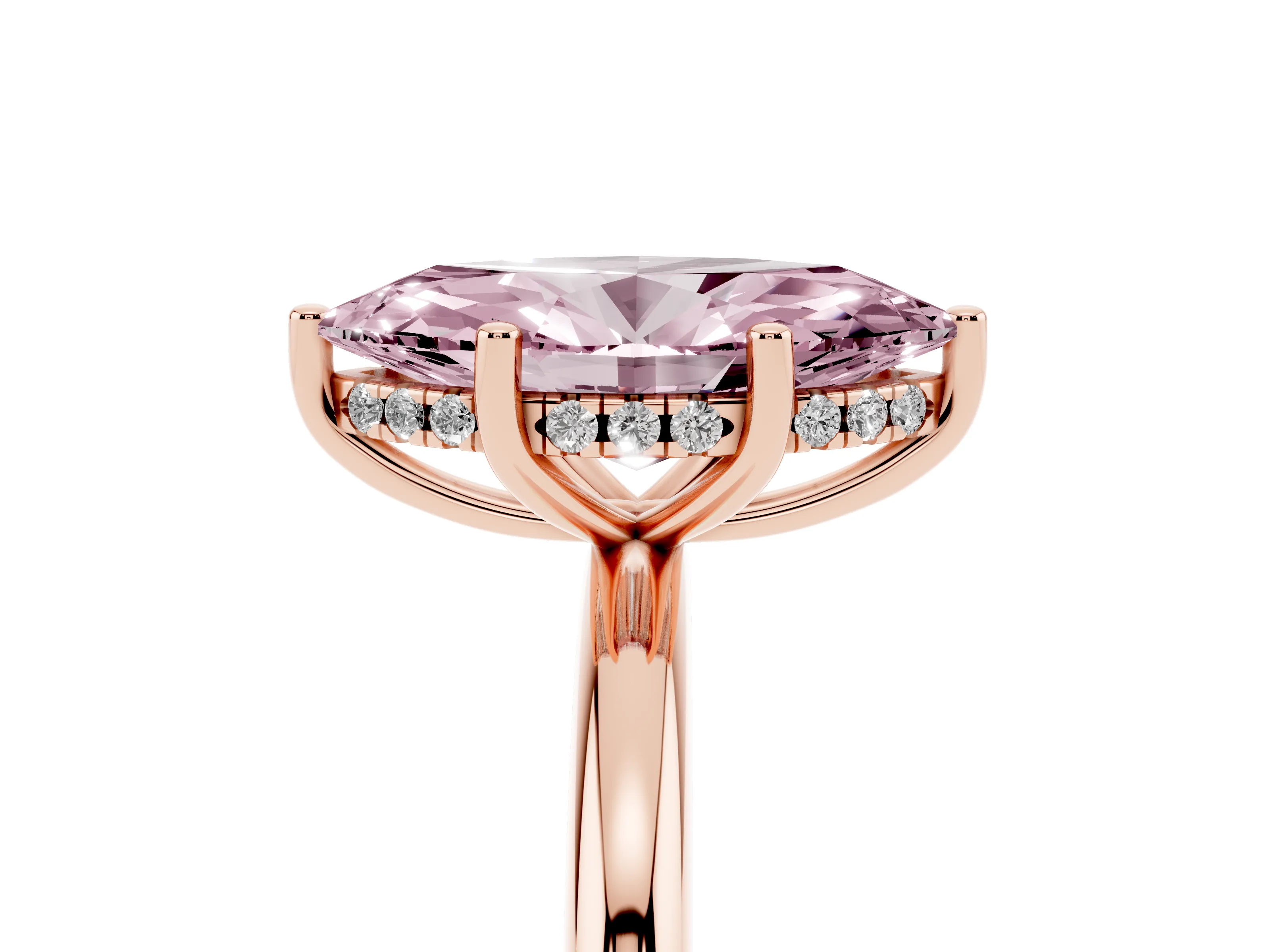 Fancy Pink Marquise Cut Diamond Solitaire Engagement Ring Set in Rose gold with Prong Setting and Polished Band