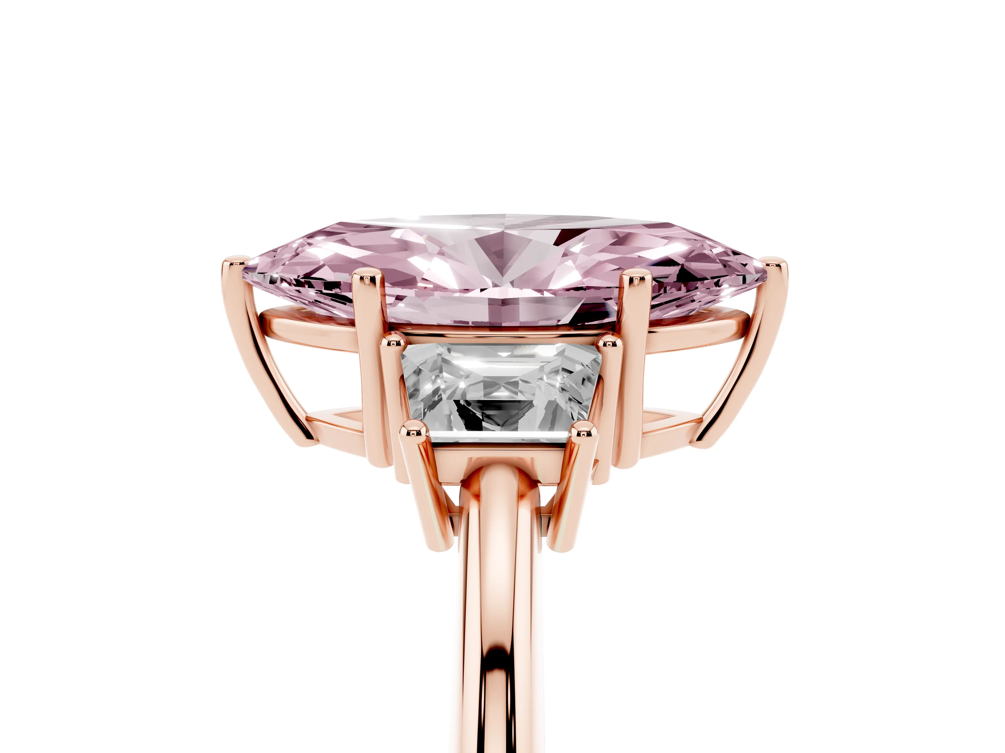 Fancy Pink Marquise Cut Diamond Three-Stone Ring Set in Rose gold with Trapezoid Side Stones and Prong Setting