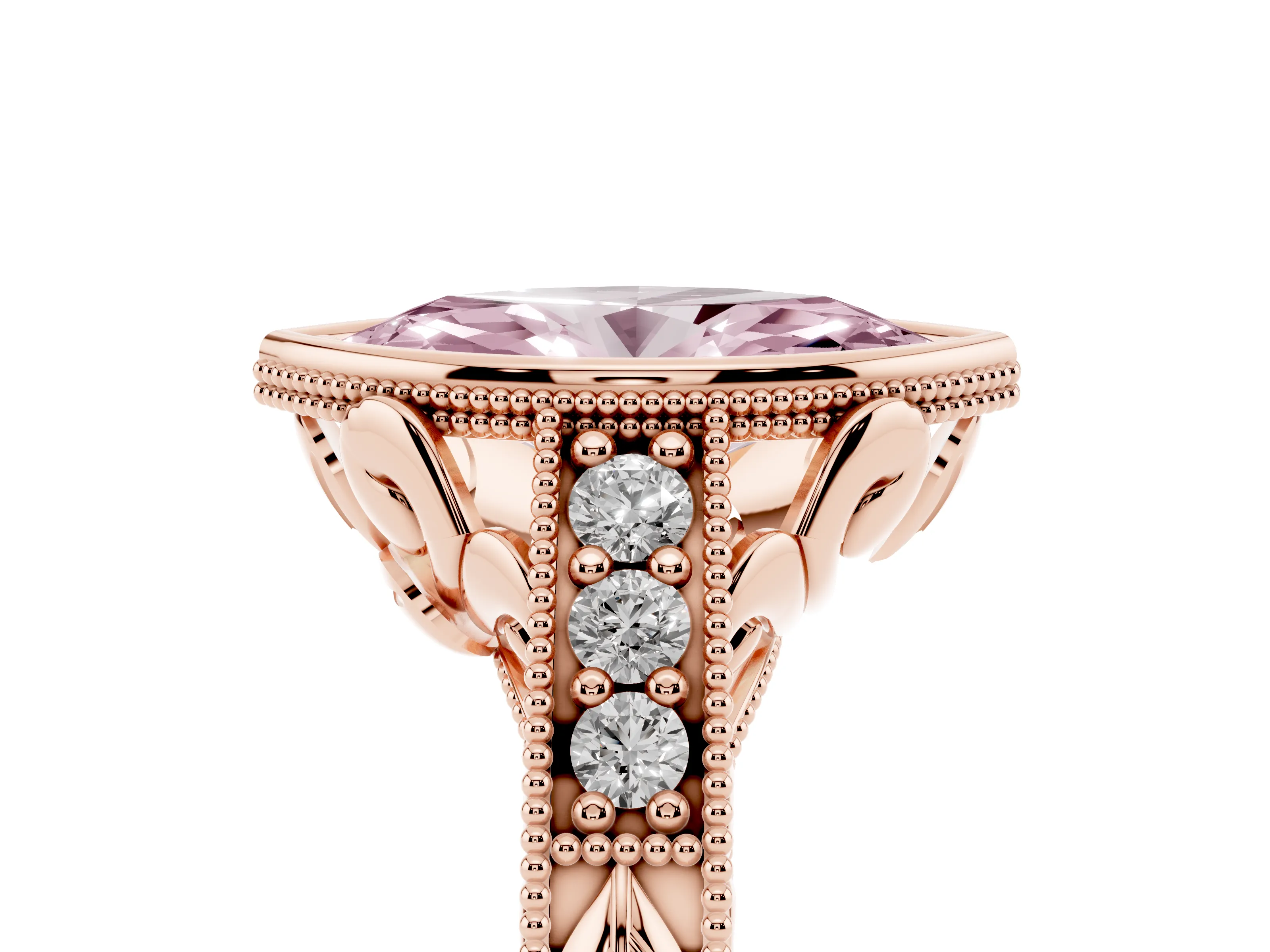 Fancy Pink Bezel Set Marquise Cut Diamond Milgrain Pavé Engagement Ring Set in Rose gold