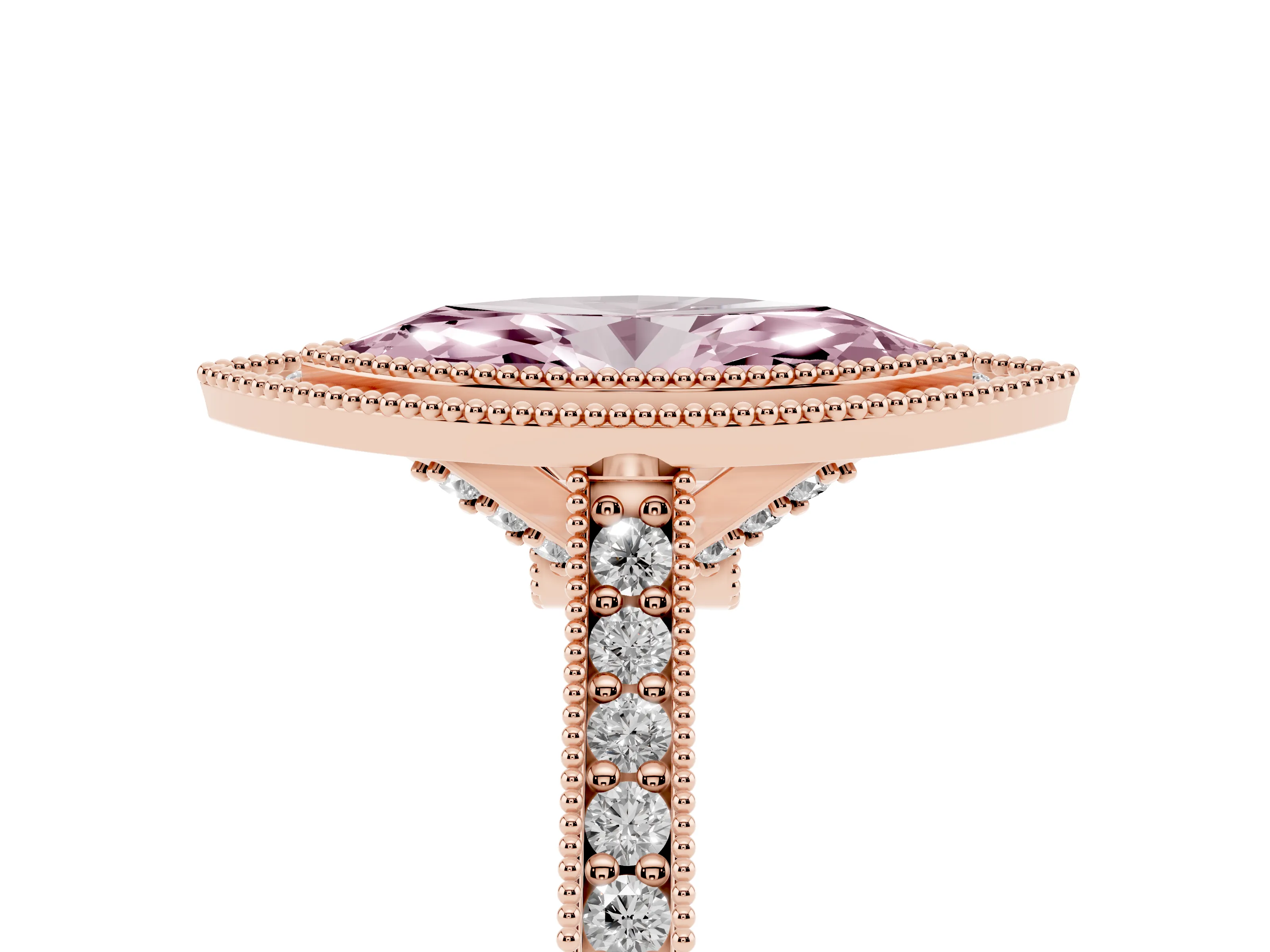 Fancy Pink Marquise Cut Diamond Halo Milgrain Pavé Band Ring Set in Rose gold with Prong Setting