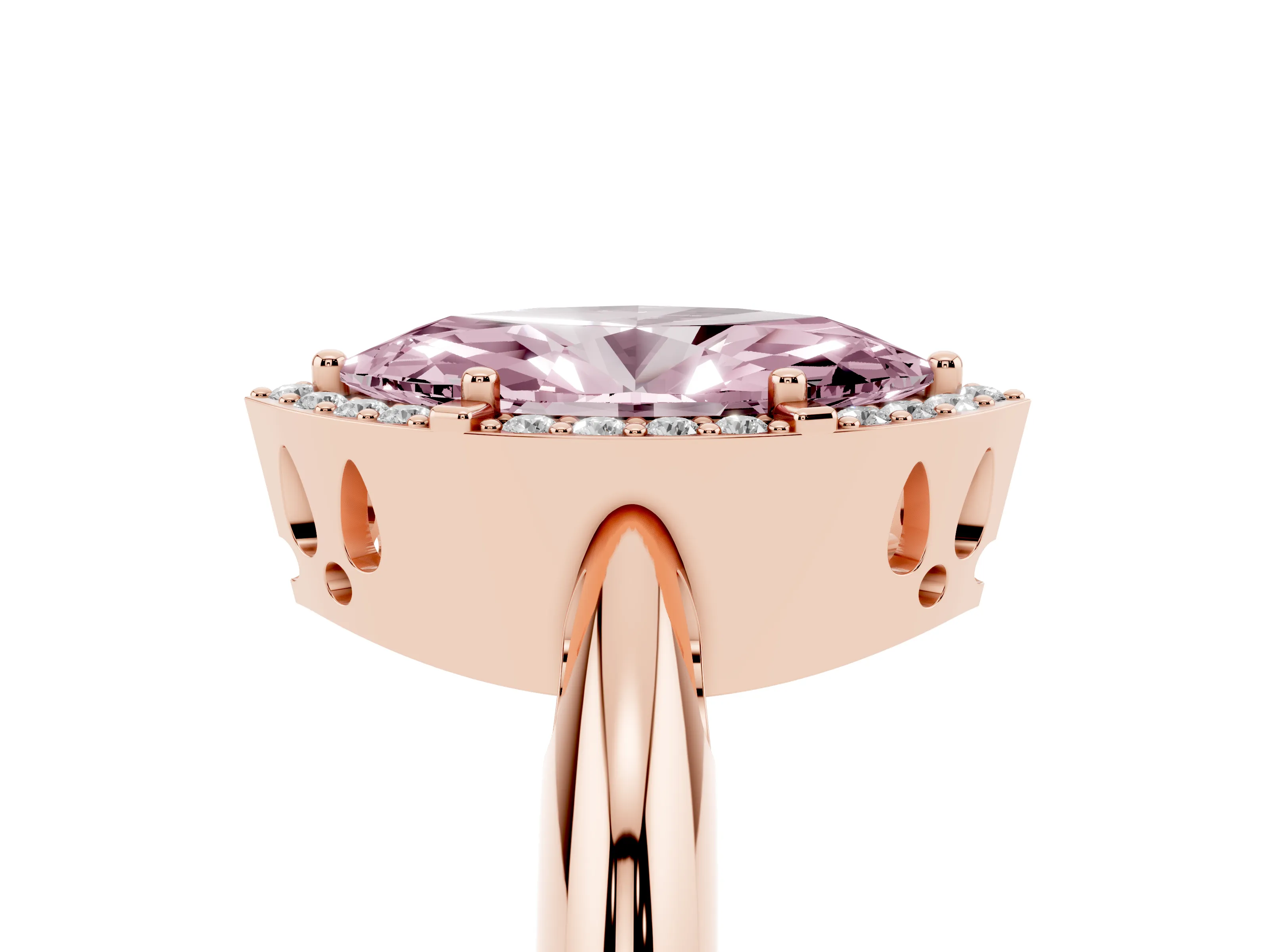Fancy Pink Marquise Cut Diamond Halo Engagement Ring Set in Rose gold with Plain Split Shank and Prong Setting