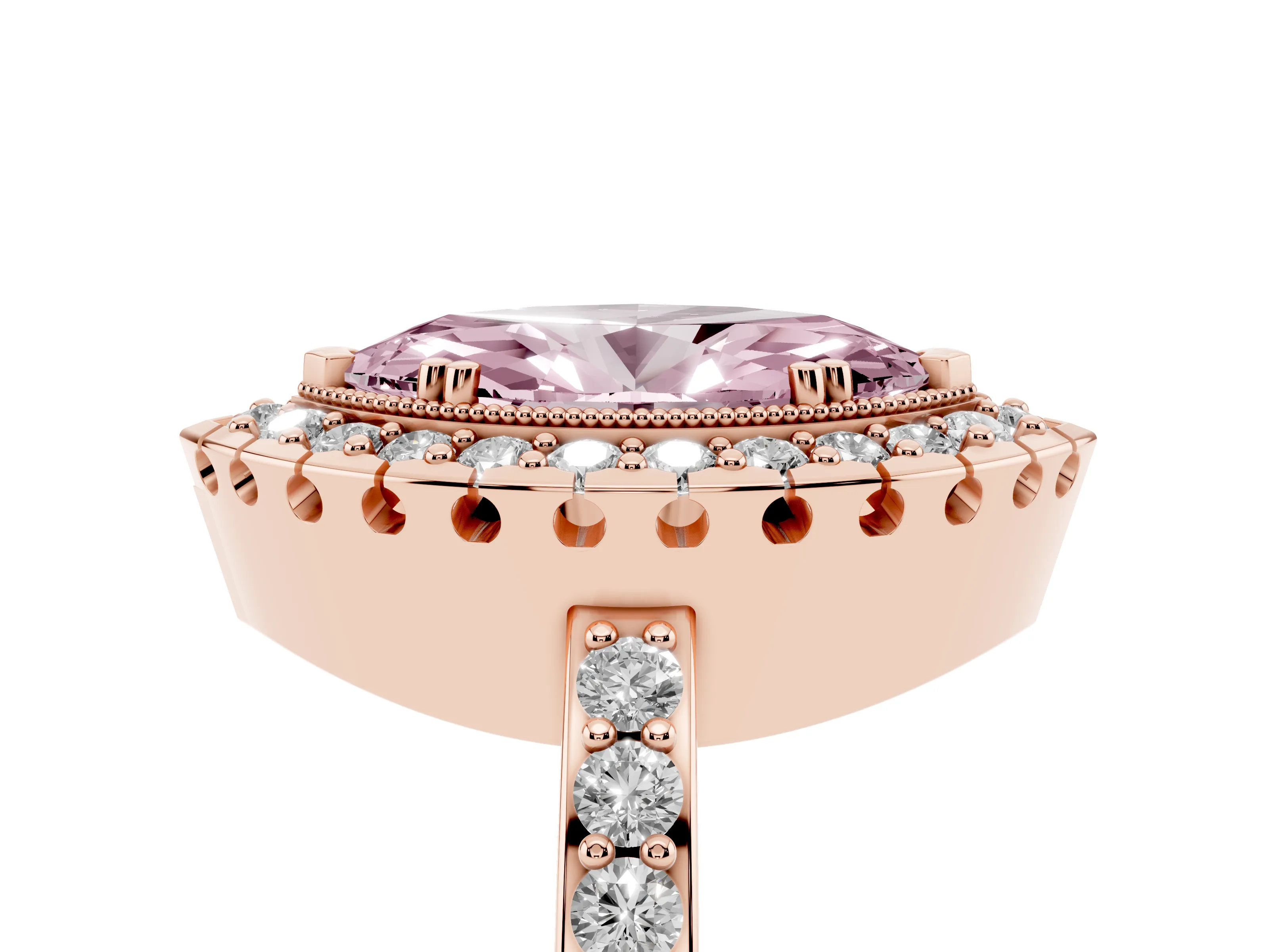 Fancy Pink Marquise Cut Diamond Halo Ring Set in Rose gold with Pavé Shank and Prong Setting