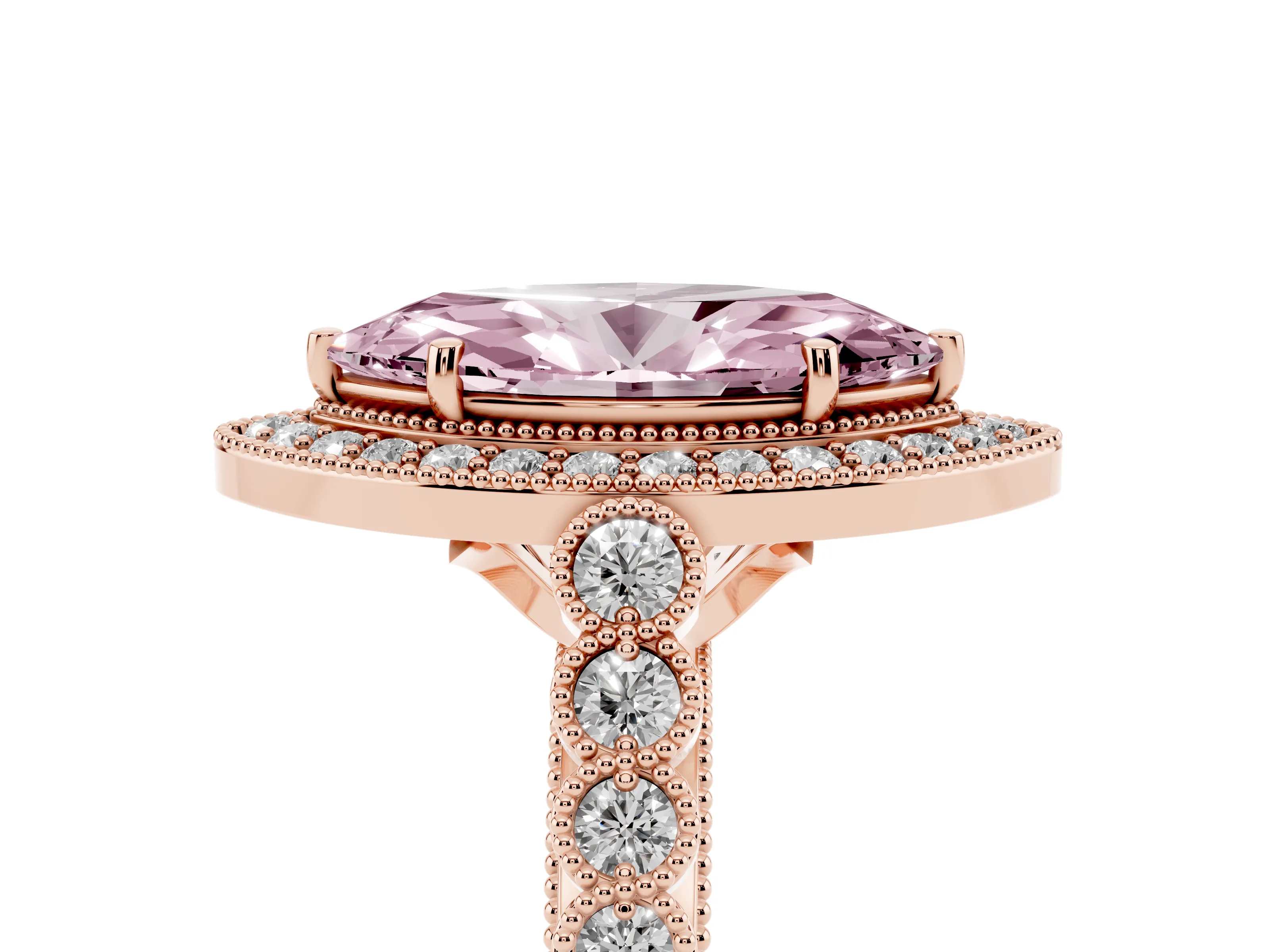 Fancy Pink Marquise Cut Diamond Milgrain Halo Solitaire Ring Set in Rose gold with Bezel Set Side Stones and Pavé Band