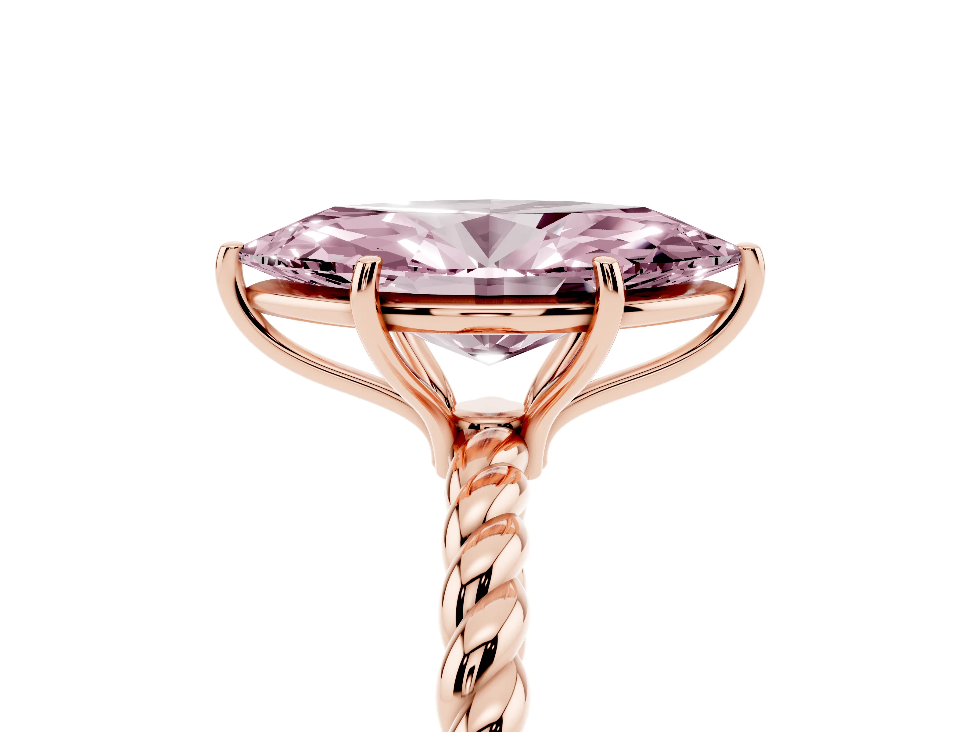 Fancy Pink Marquise Cut Diamond Solitaire Ring Set in Rose gold with Twist Band and Prong Setting