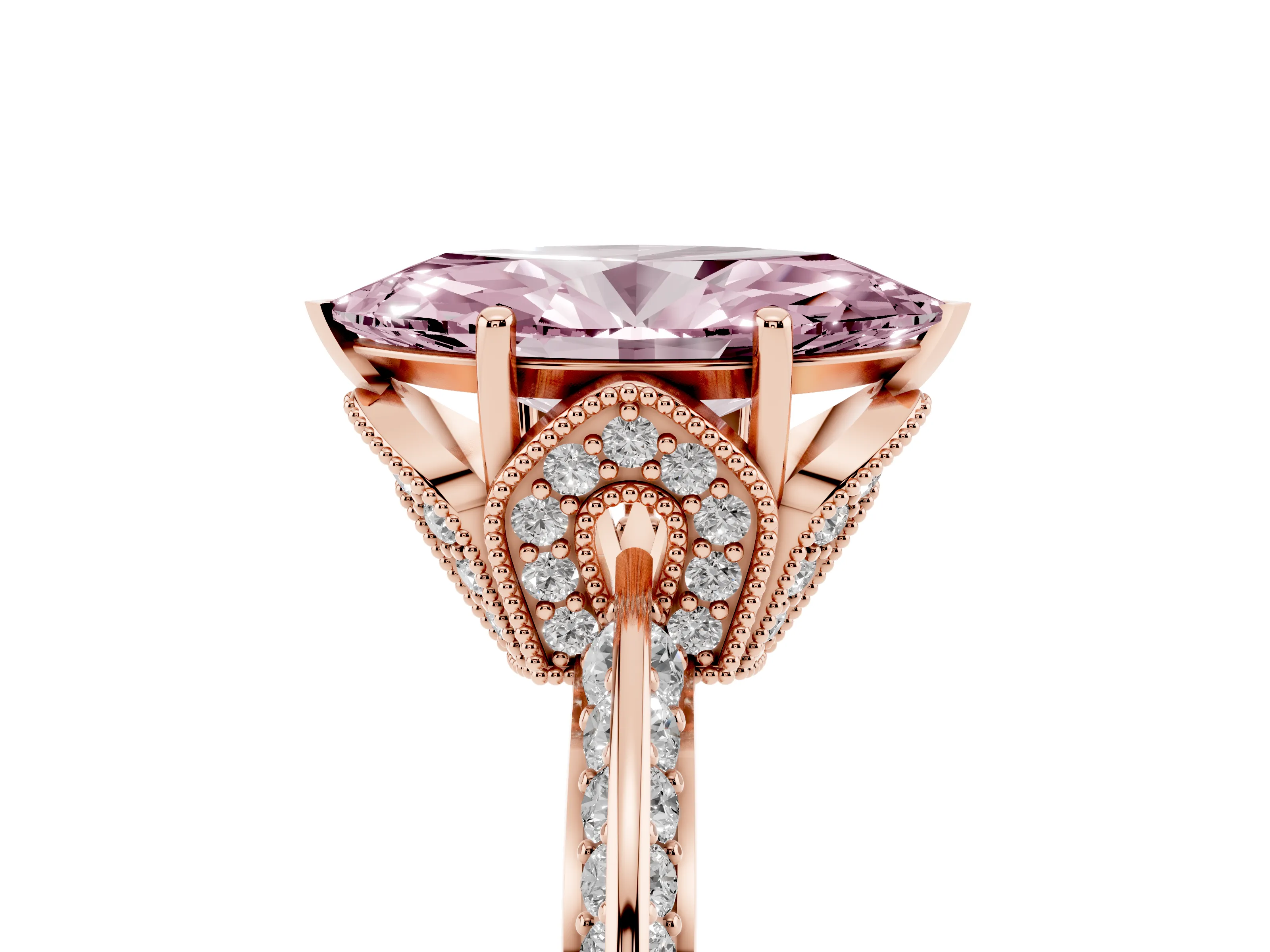 Fancy Pink Marquise Cut Diamond Solitaire Engagement Ring Set in Rose gold with Pavé Split Shank and Prong Setting