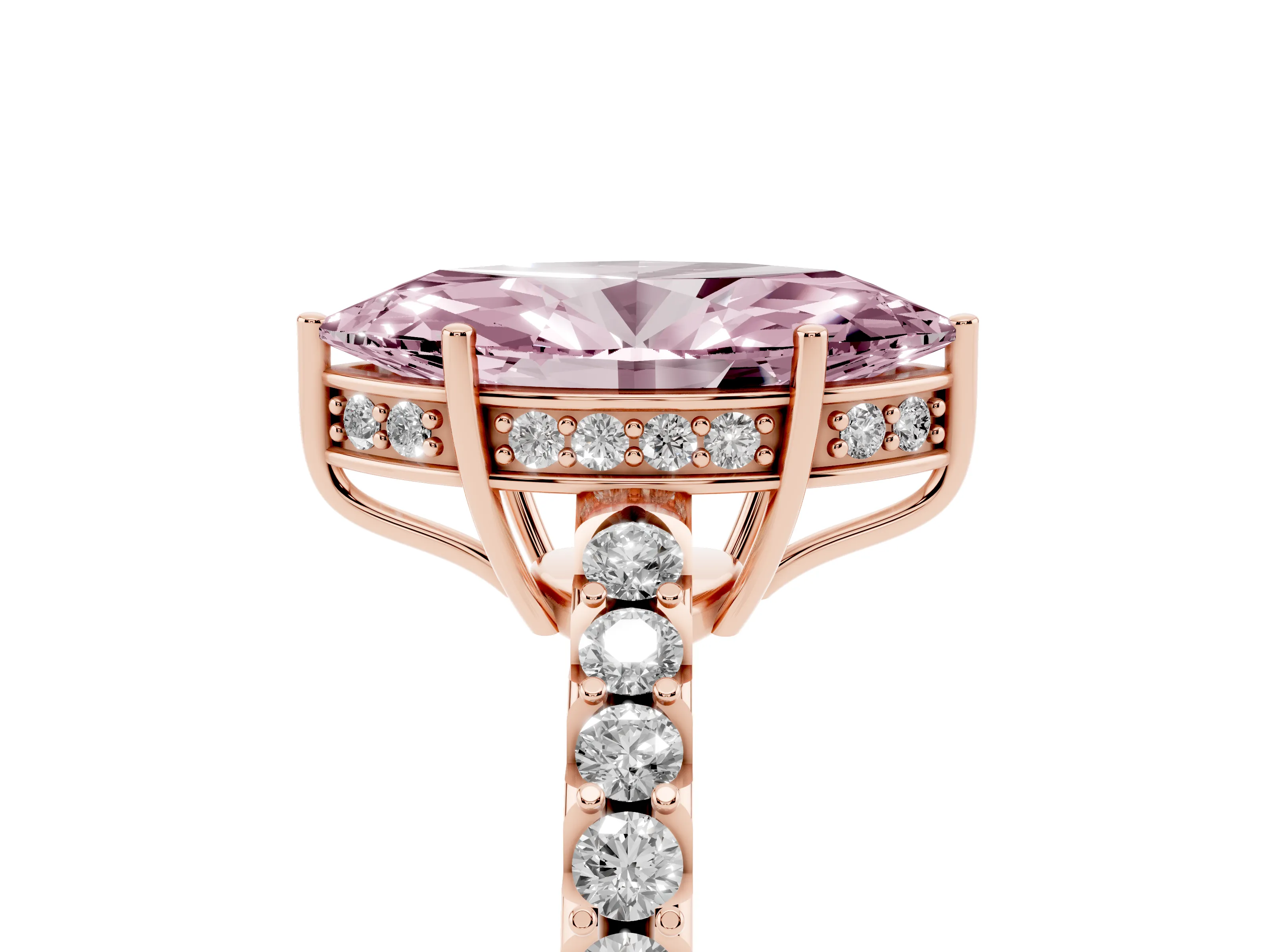 Fancy Pink Marquise Cut Diamond Solitaire Engagement Ring Set in Rose gold with Pavé Band and Prong Setting