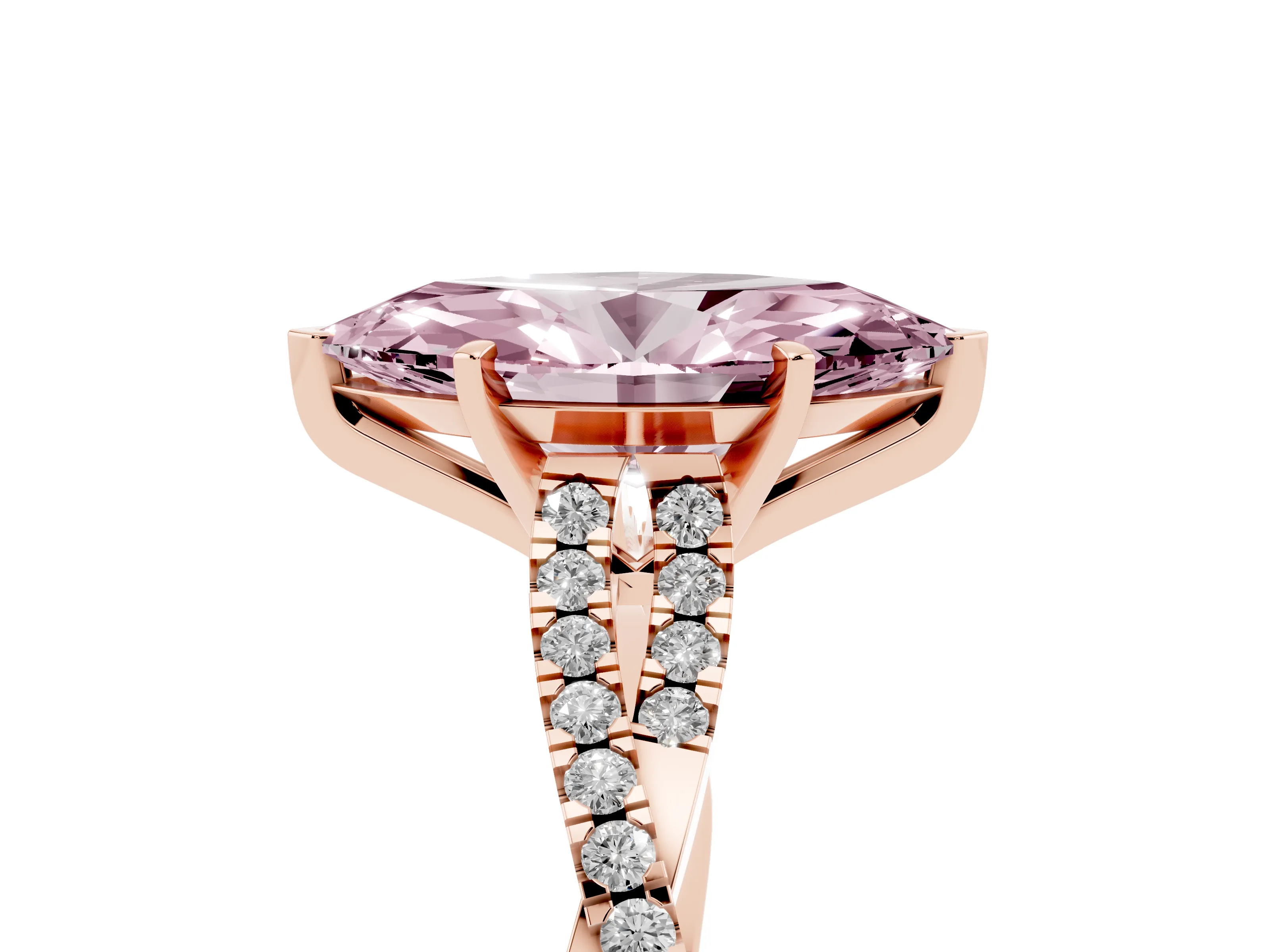 Fancy Pink Marquise Cut Diamond Solitaire Engagement Ring Set in Rose gold with Twisted Pavé Band and Prong Setting