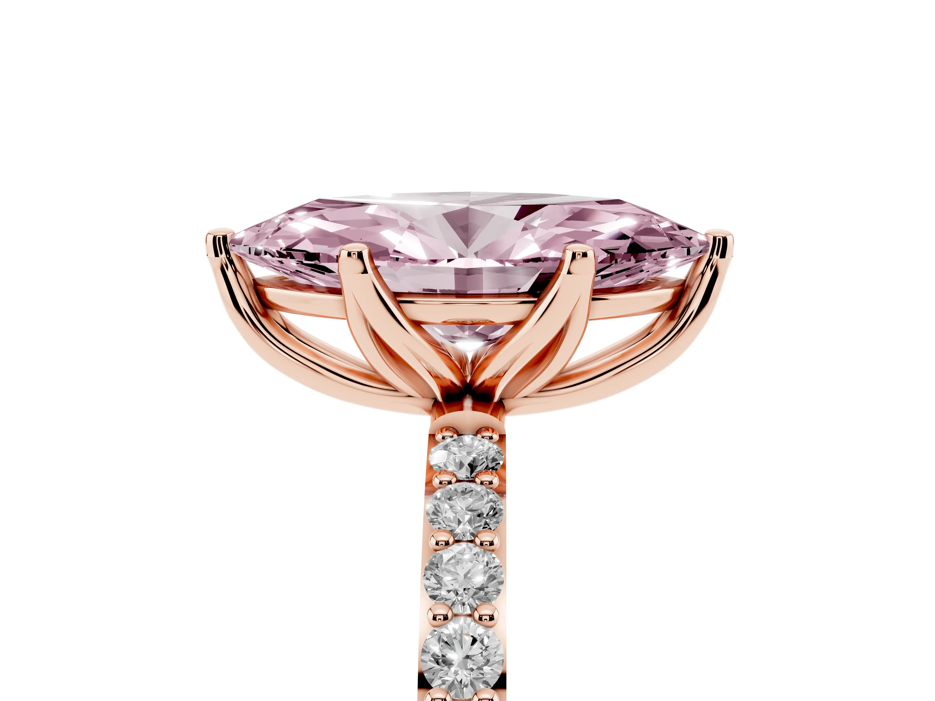 Fancy Pink Marquise Cut Diamond Solitaire Engagement Ring Set in Rose gold with Round Pavé Band and Prong Setting