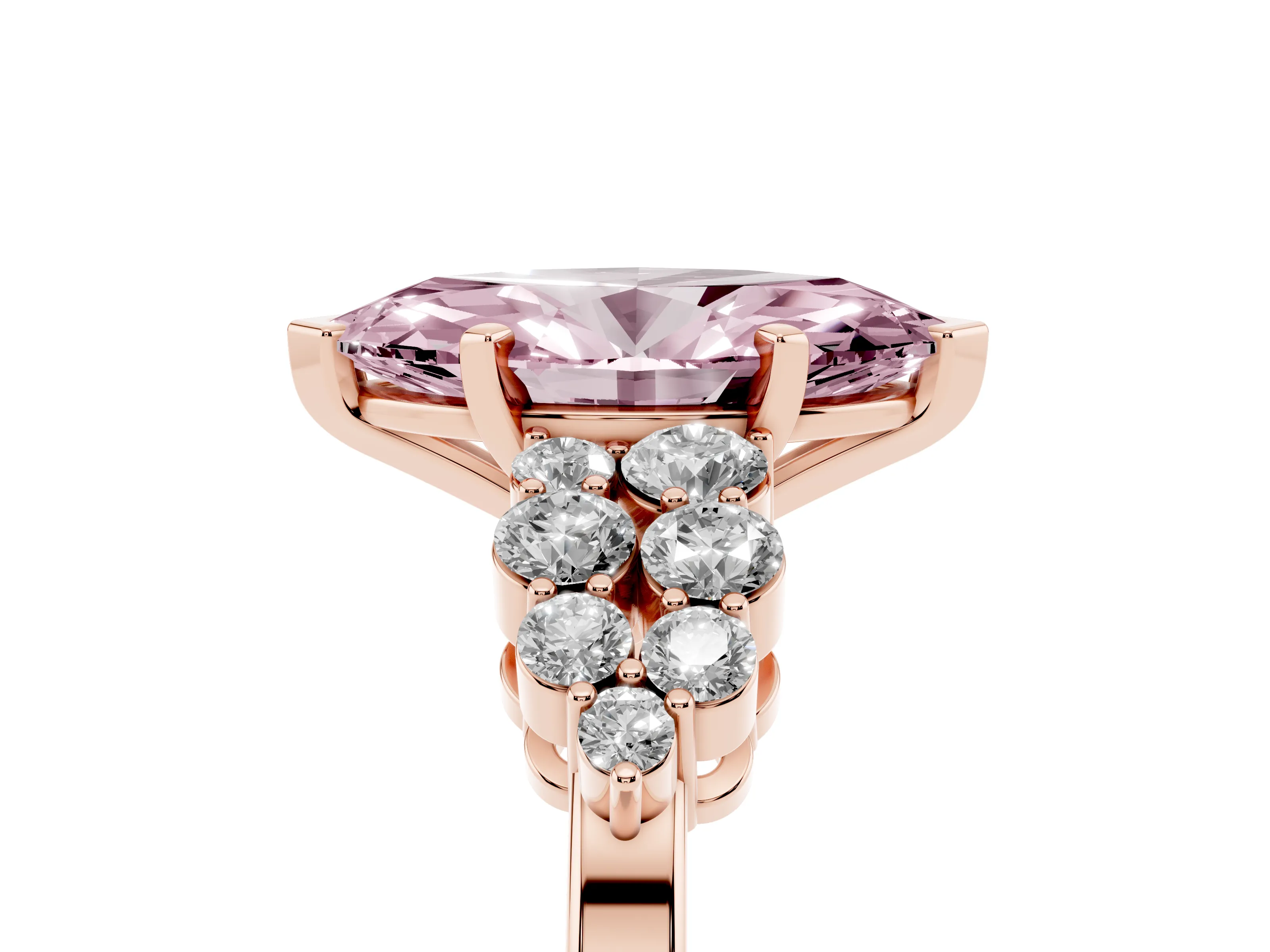 Fancy Pink Marquise Cut Diamond Cluster Engagement Ring Set in Rose gold with Pavé Band and Prong Setting