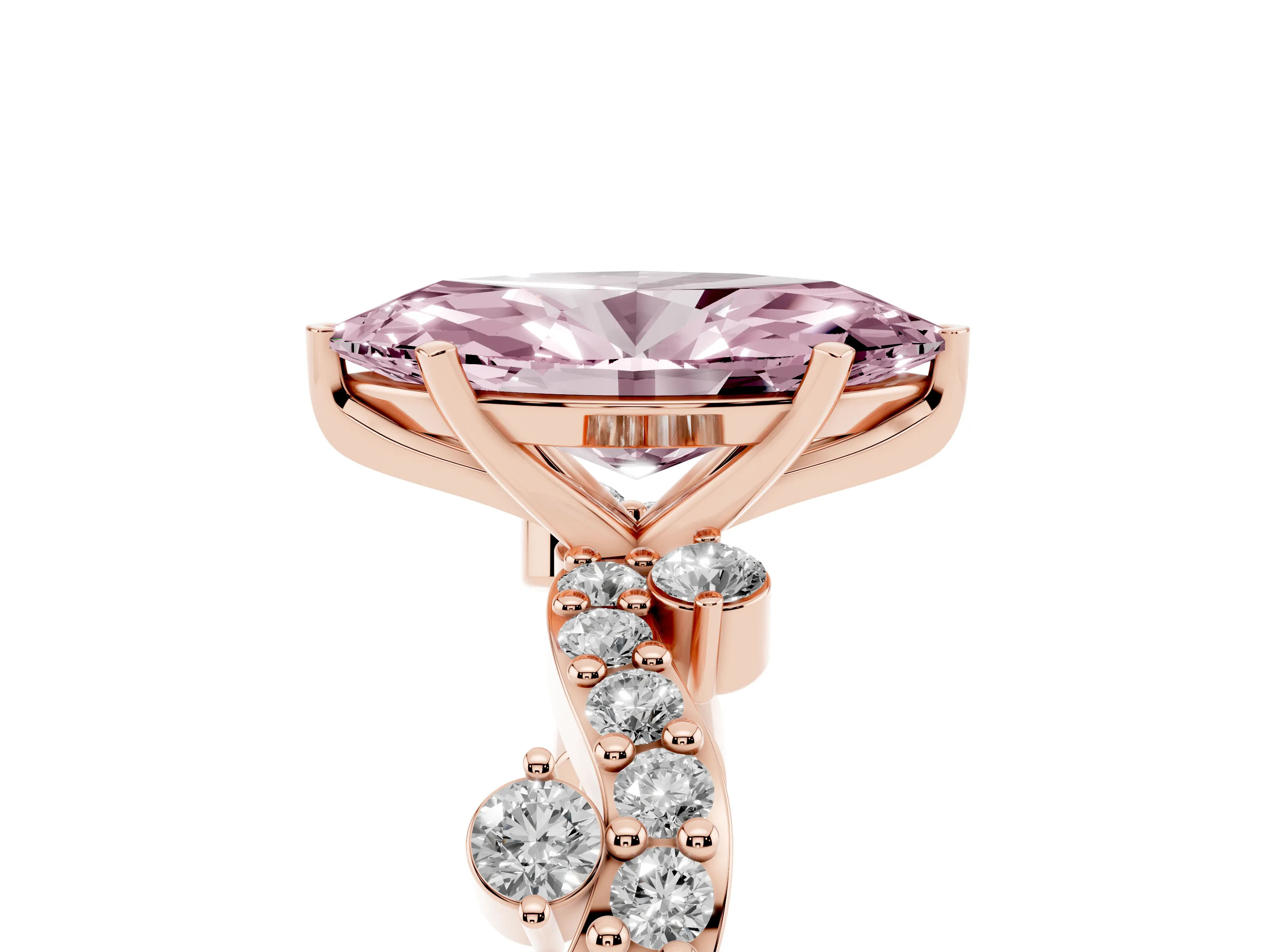 Fancy Pink Marquise Cut Diamond Solitaire Twisted Band Set in Rose gold with Pavé Setting