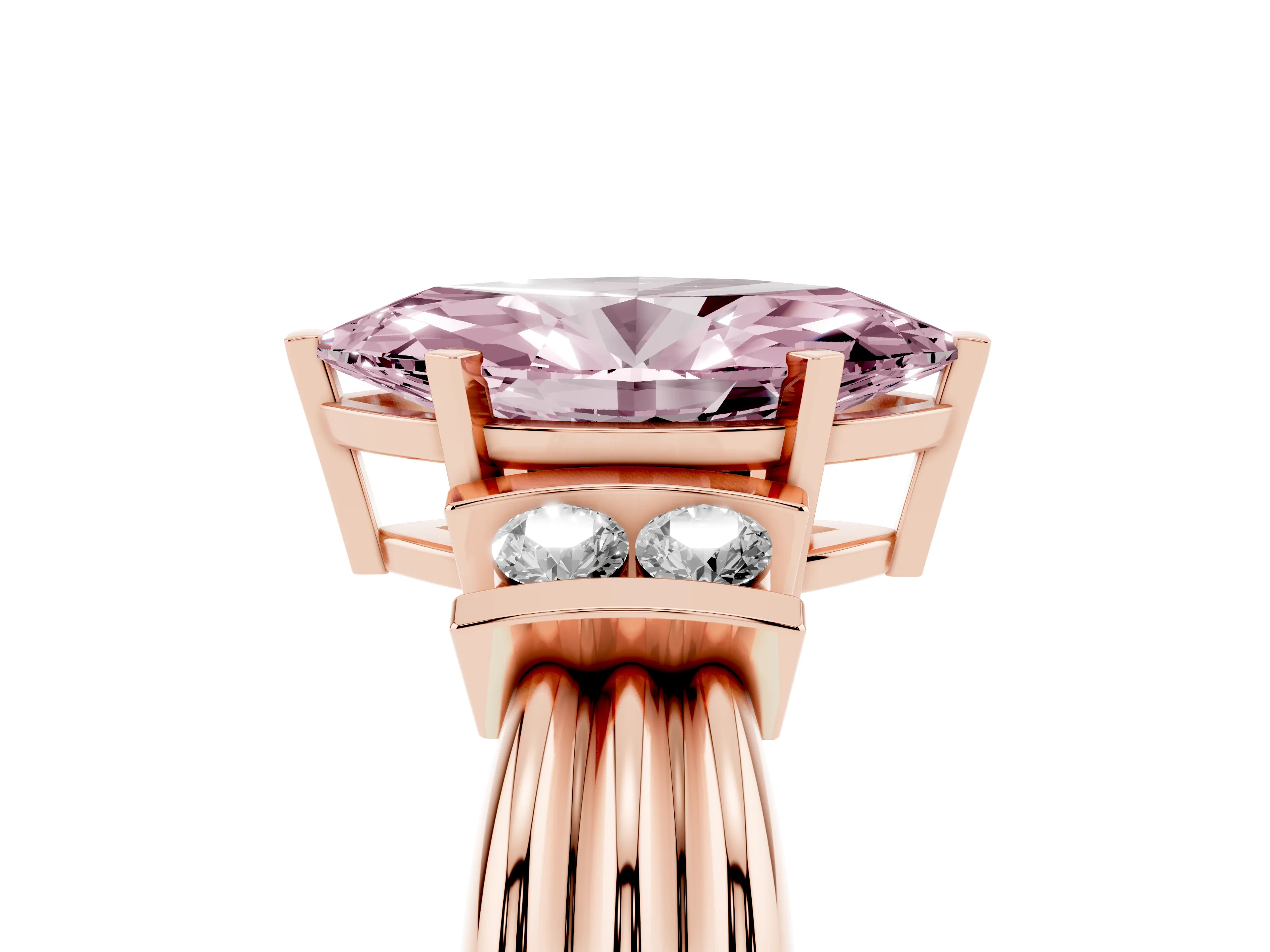 Fancy Pink Three-Stone Marquise Cut Diamond Channel Set Ring Set in Rose gold with Bar Prongs