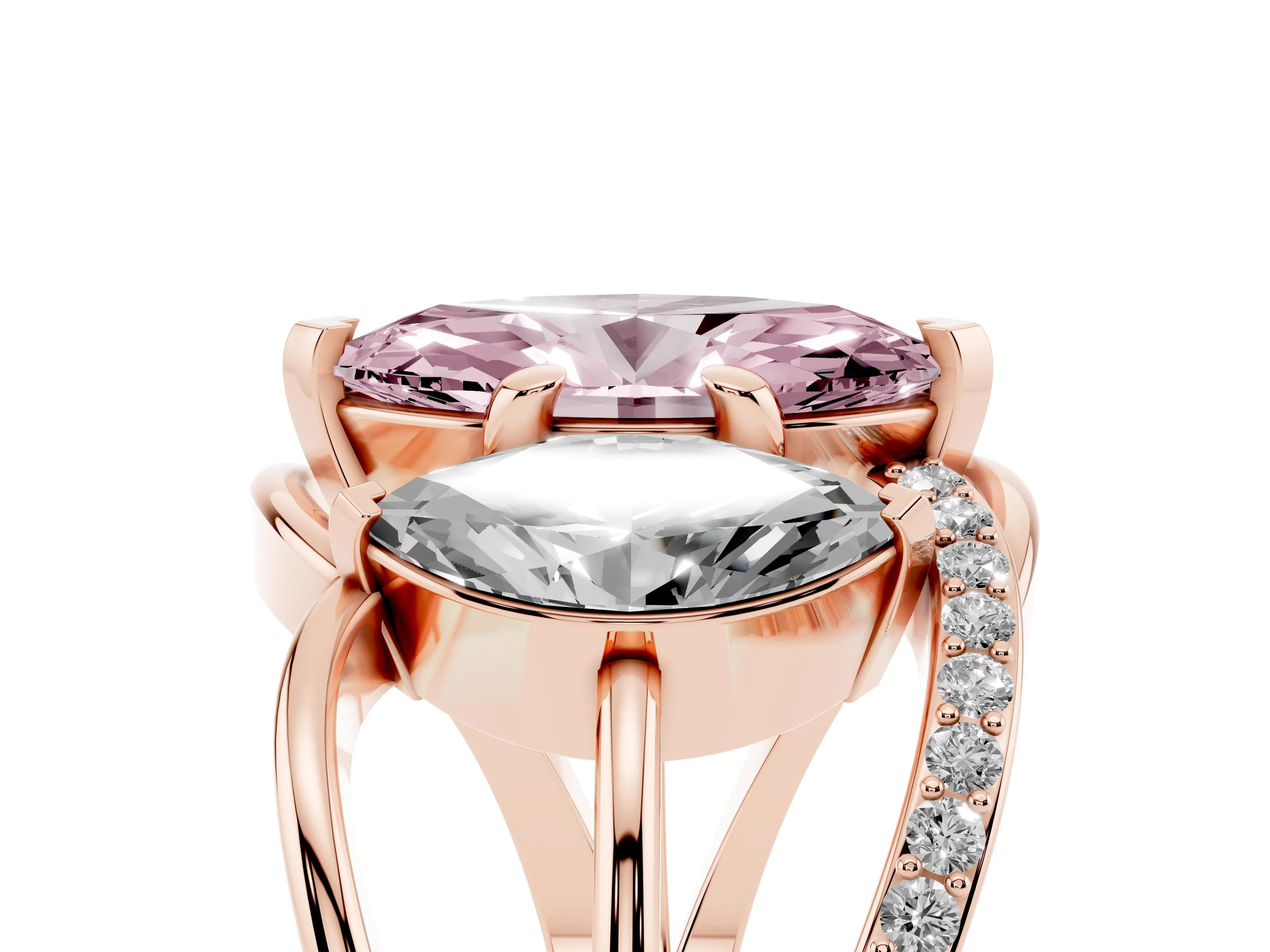 Fancy Pink Marquise Cut Diamond Three-Stone Ring Set in Rose gold with Split Shank and Prong Setting