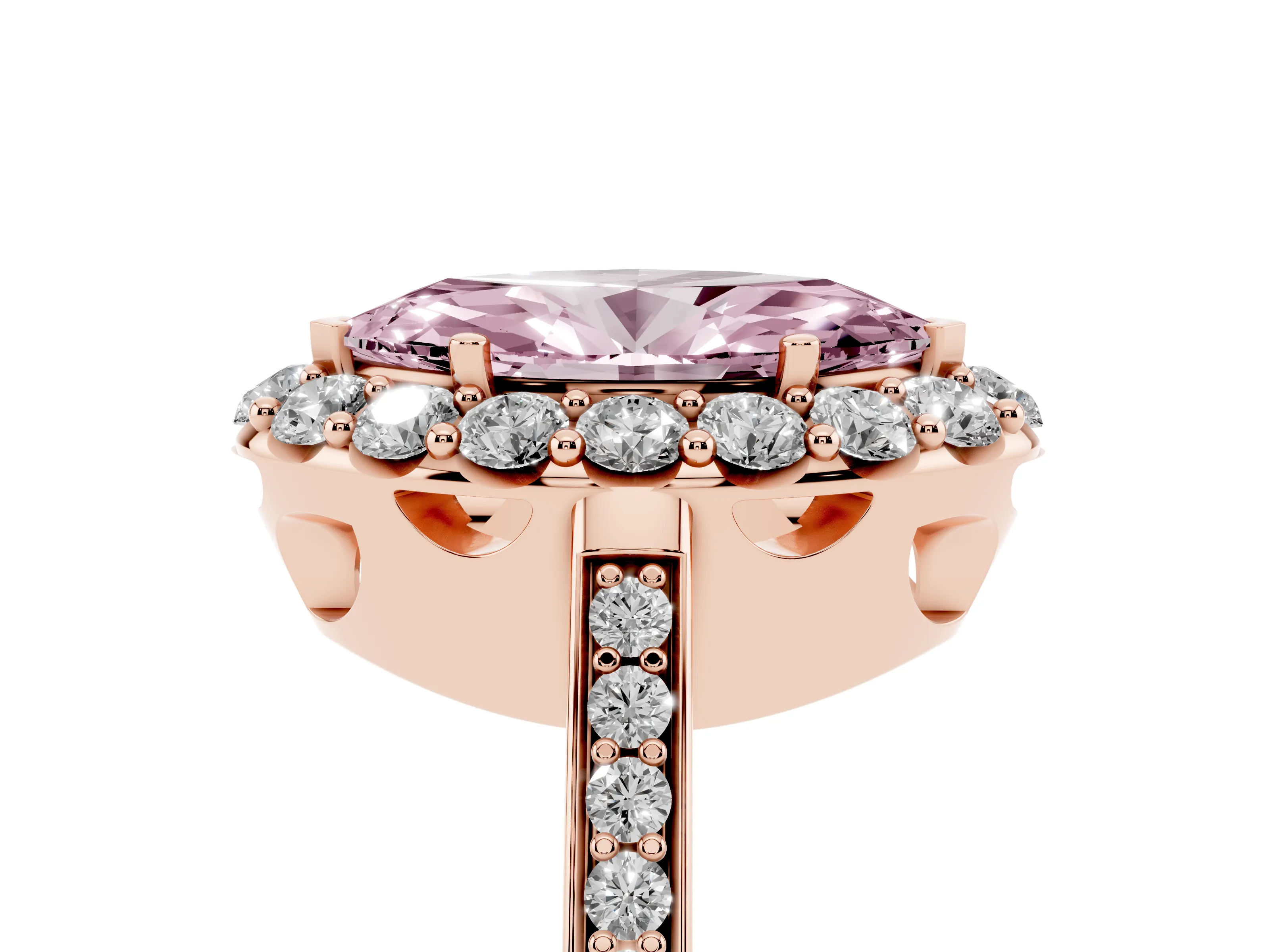 Fancy Pink Marquise Cut Diamond Floral Halo Ring Set in Rose gold with Pavé Band and Prong Setting