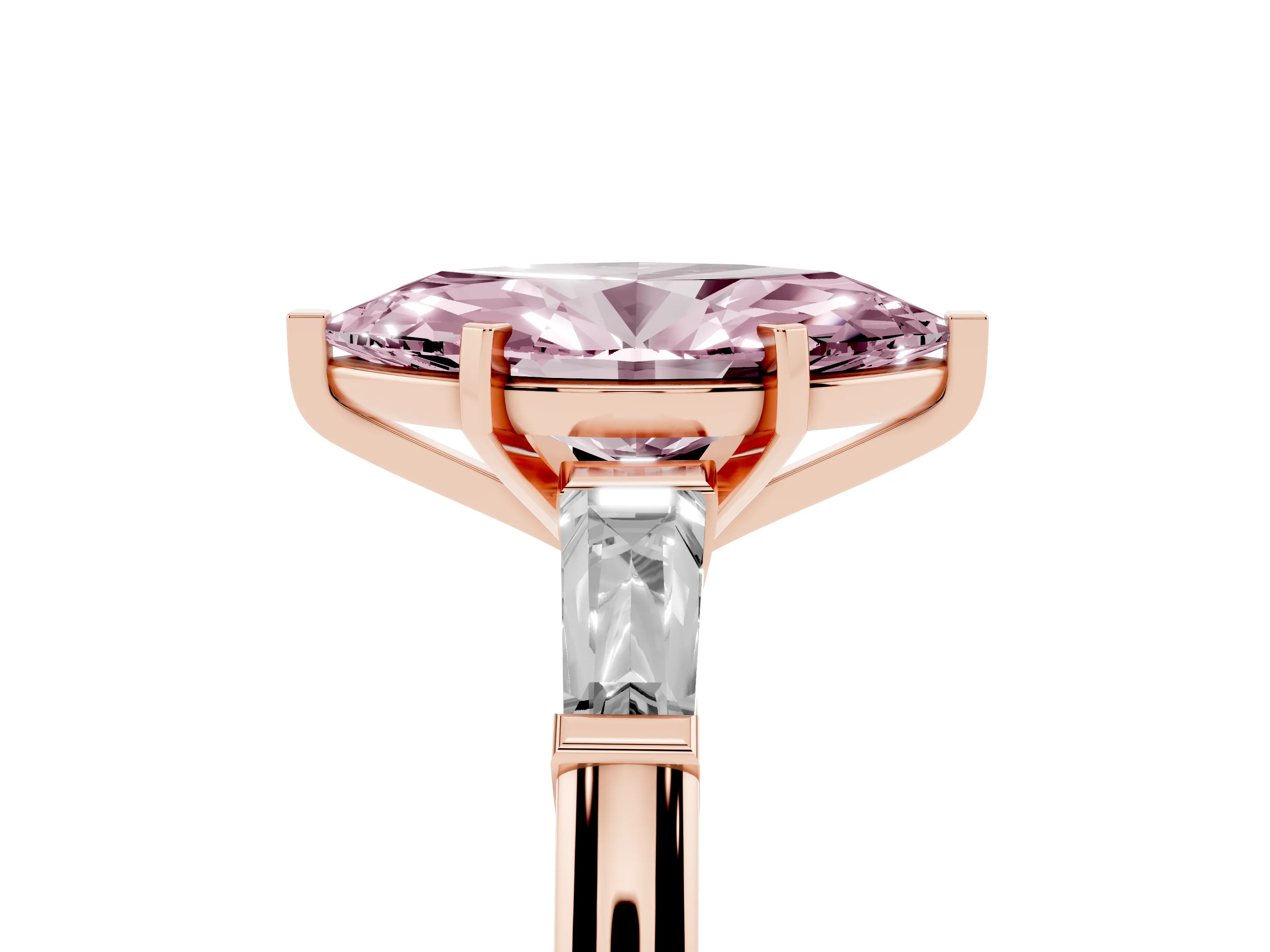 Fancy Pink Marquise Cut Diamond Solitaire Ring Set in Rose gold with Tapered Baguette Side Stones and Prong Setting