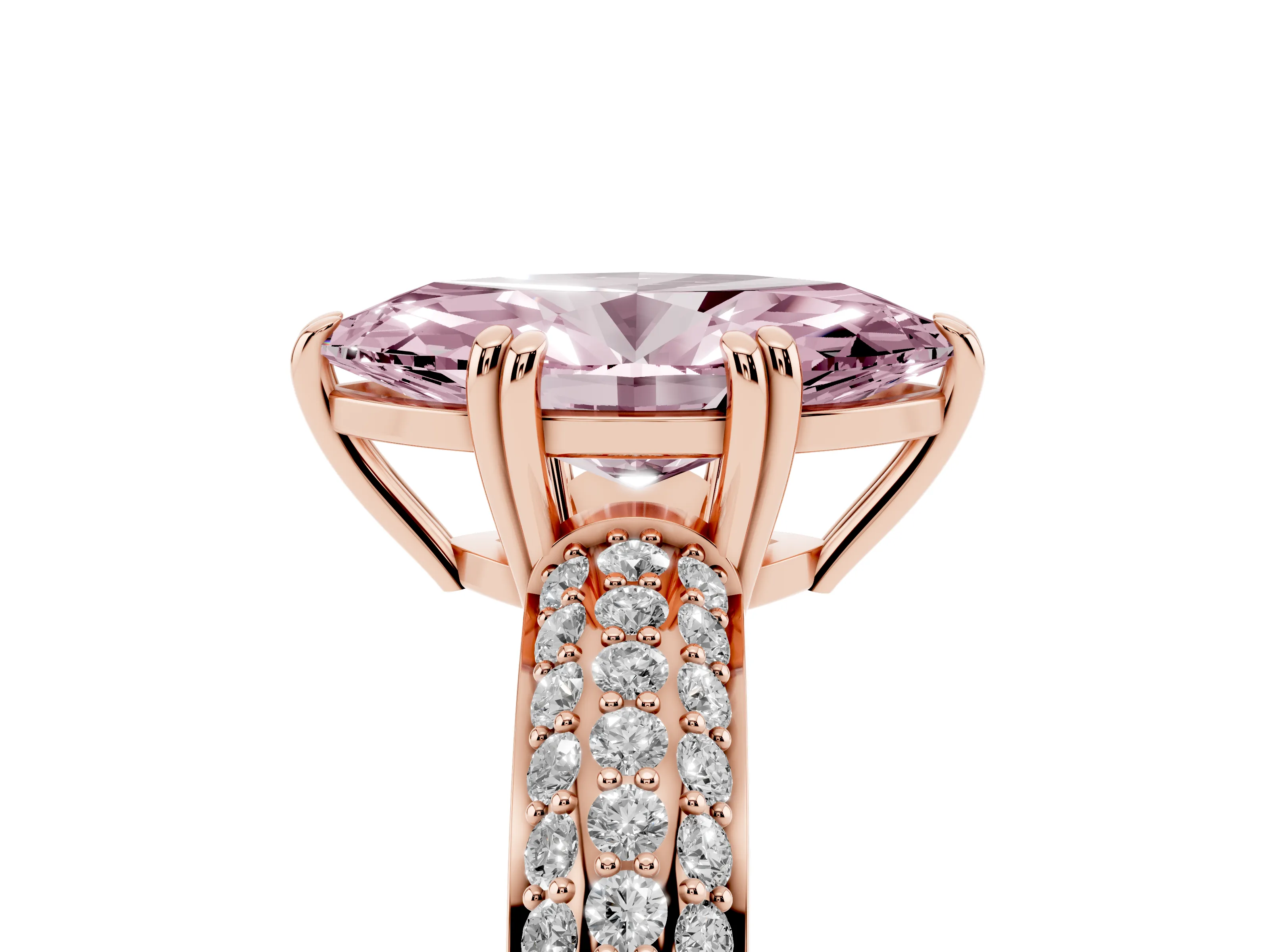 Fancy Pink Marquise Cut Diamond Solitaire Ring Set in Rose gold with Multi-Row Round Pavé Band and Prong Setting