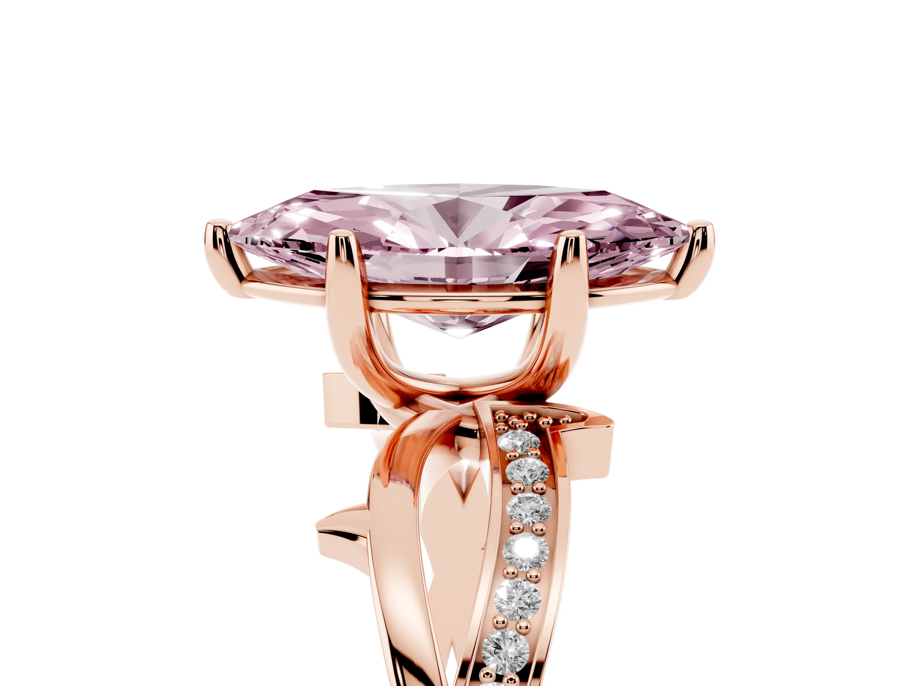 Fancy Pink Marquise Cut Diamond Pavé Twist Band Solitaire Ring Set in Rose gold with Prong Setting